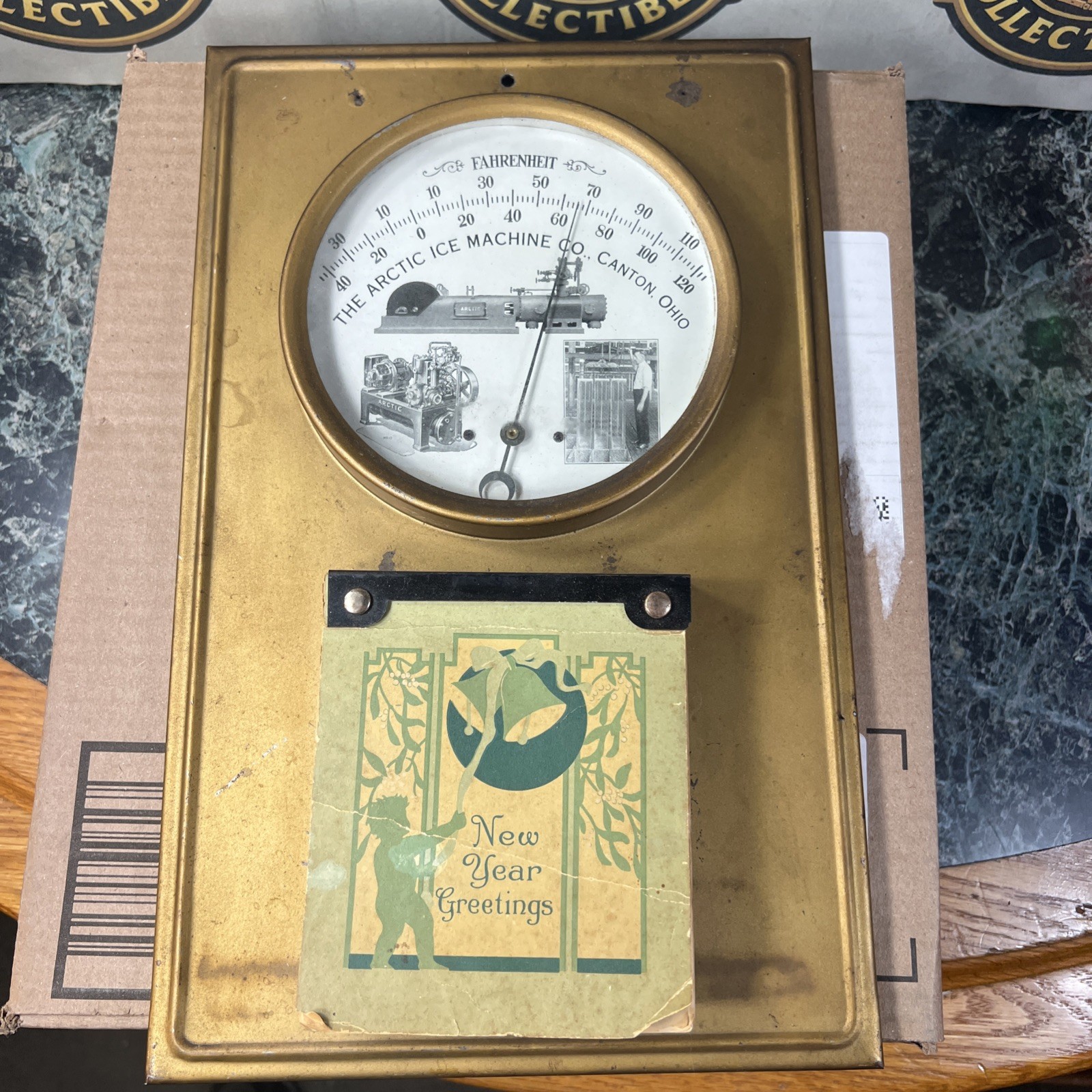 Antique 1930-50’s Fahrenheit Thermometer with  New Years Greeting Calendar 
