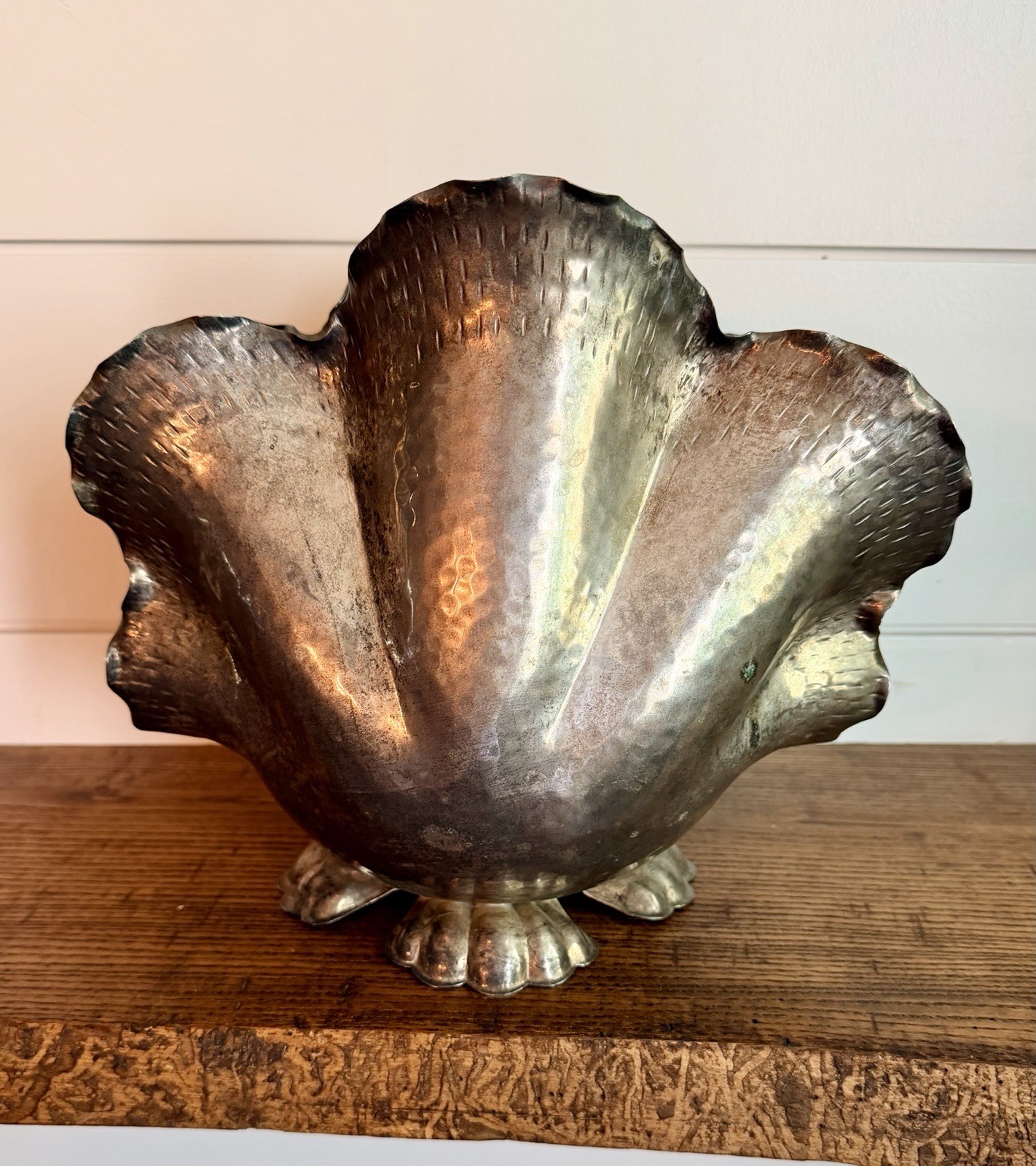Mid-Century Modern Soft-Hammered Silver Plate Clam Shell Ice Bucket-Wine Cooler