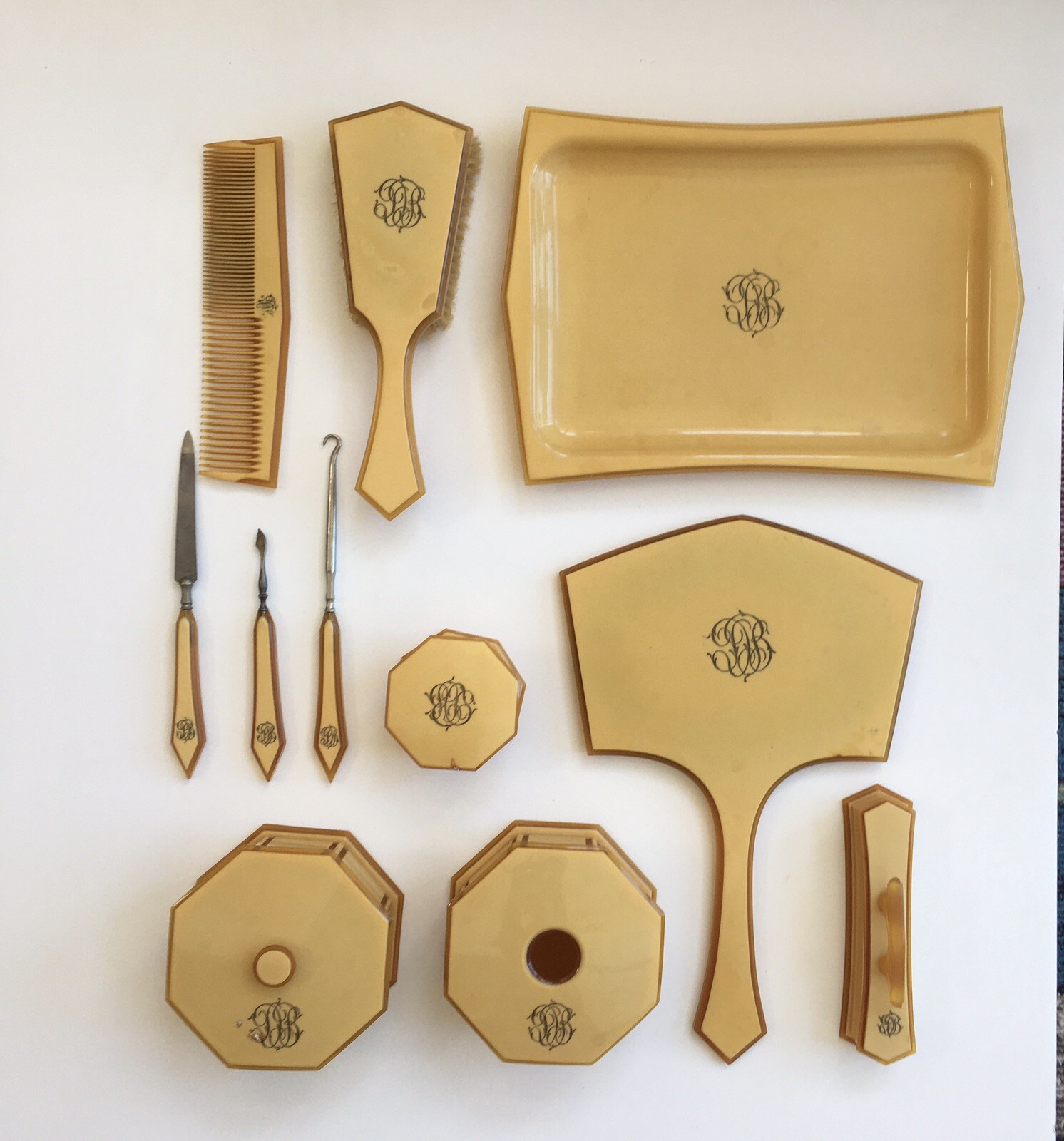 Vintage Tuskeloid Vanity Set Lot of 15 pieces from 50s Monogrammed “DB”