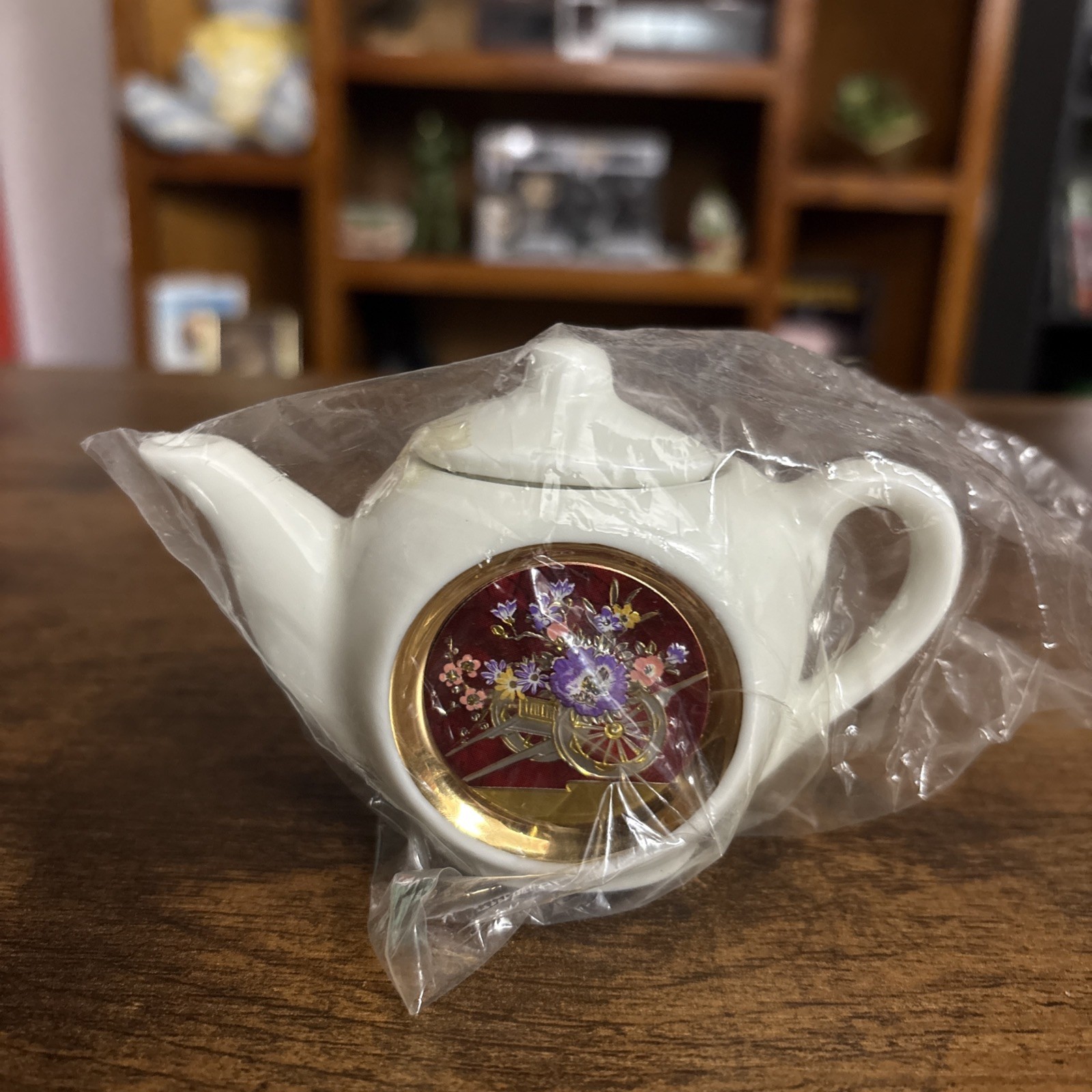 Vintage Made in Japan Porcelain Wheelbarrow Teapot Floral Gold Trim Original Box
