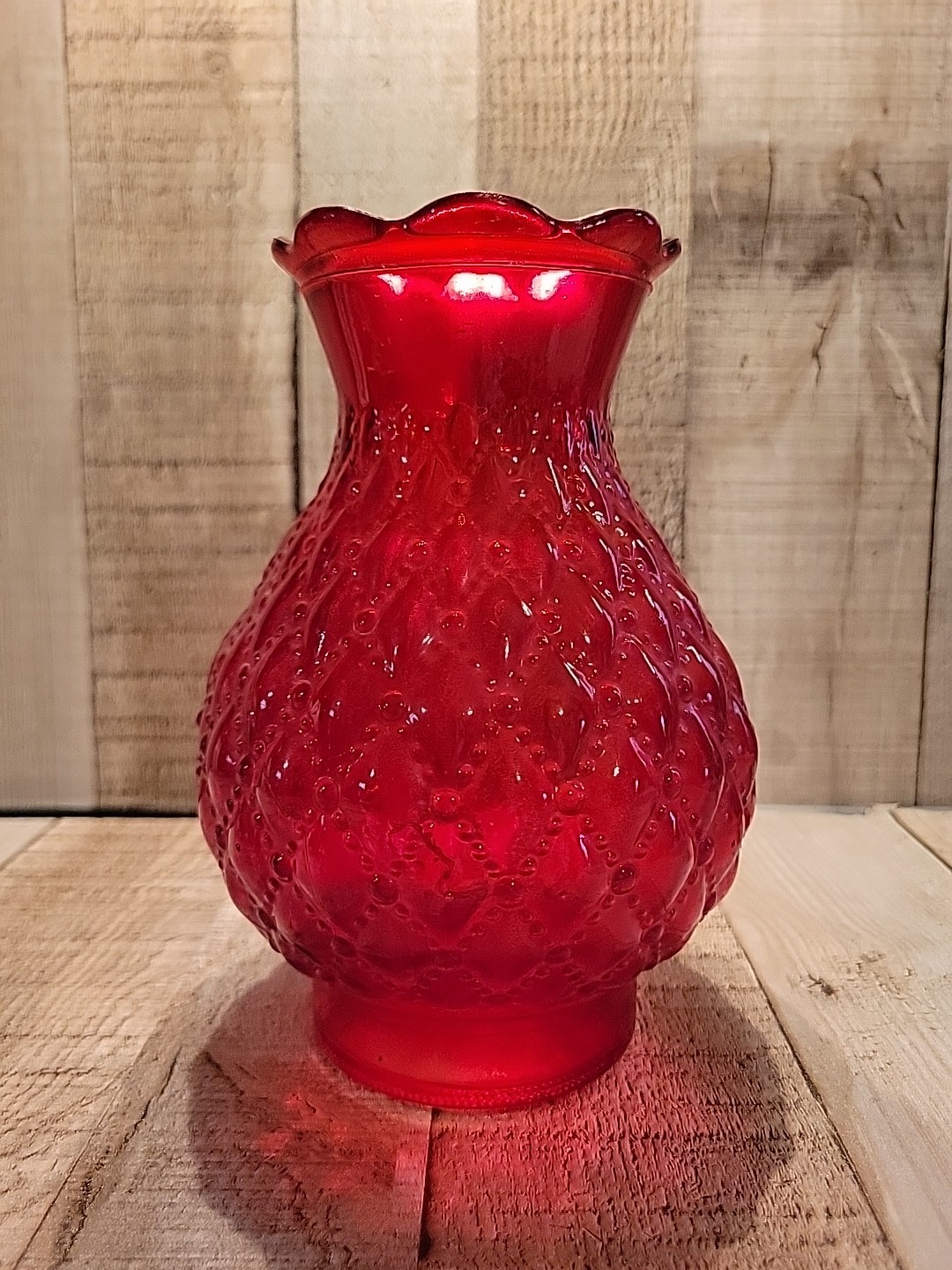 Vintage Red Ruby Beaded Diamond Quilt Ruffle Vase 7\