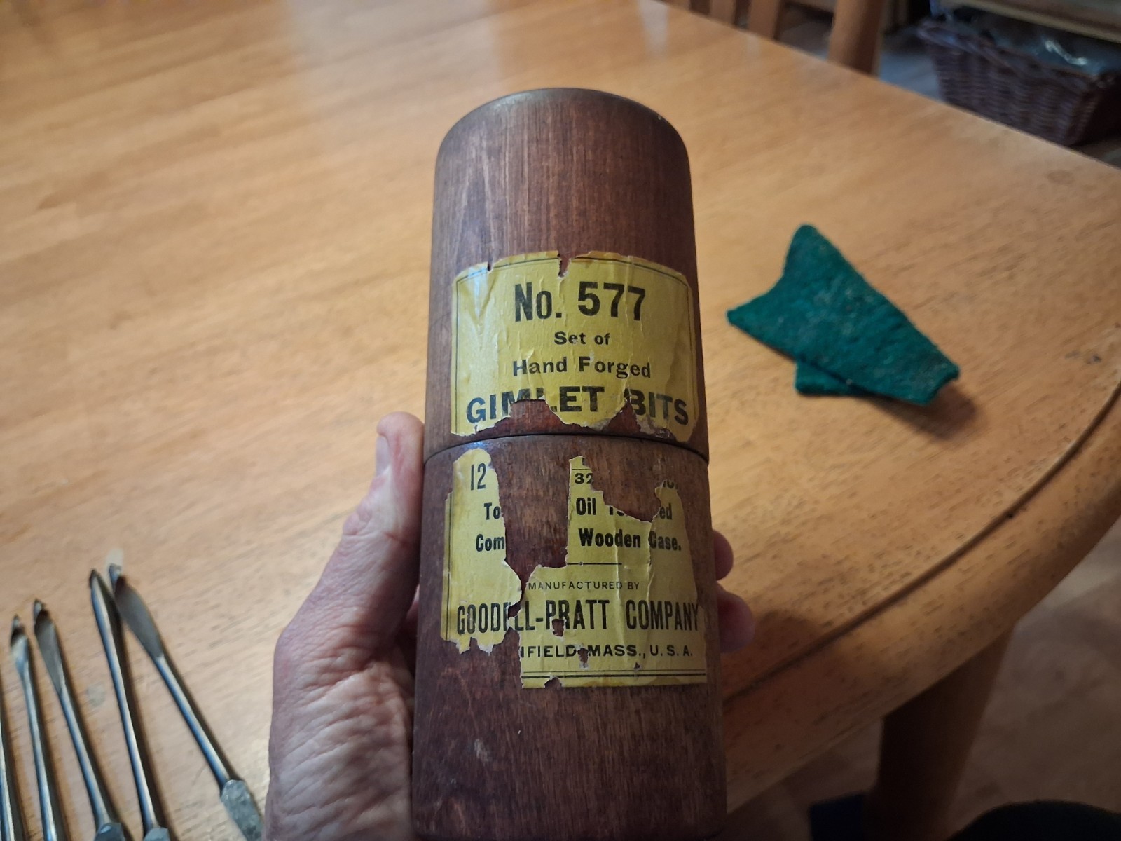 Antique Goodell Pratt Co Hand Forged Gimlet Bits #577 Marked Wood Case set of 12 Antique Goodell Pratt Co Hand Forged Gimlet Bits #577 Marked Wood Case set of 12
