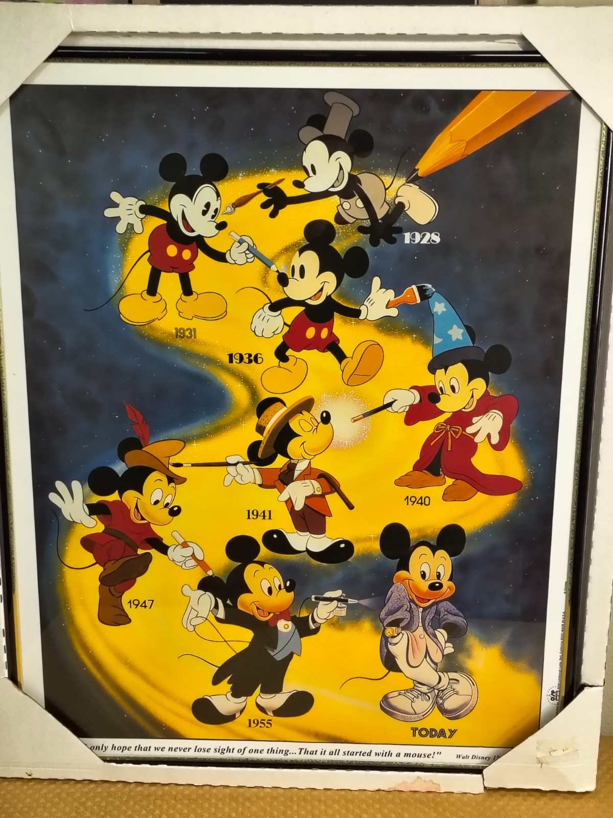 WALT DISNEY'S MICKEY MOUSE THROUGH THE YEARS FRAMED POSTER 16 X 20 1980S