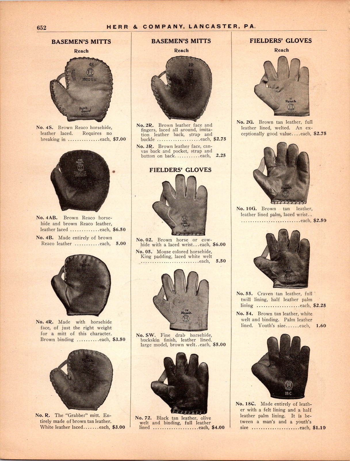 Vintage 1910s Reach Baseball Mitts Gloves Catalog Print Ad Herr & Co.