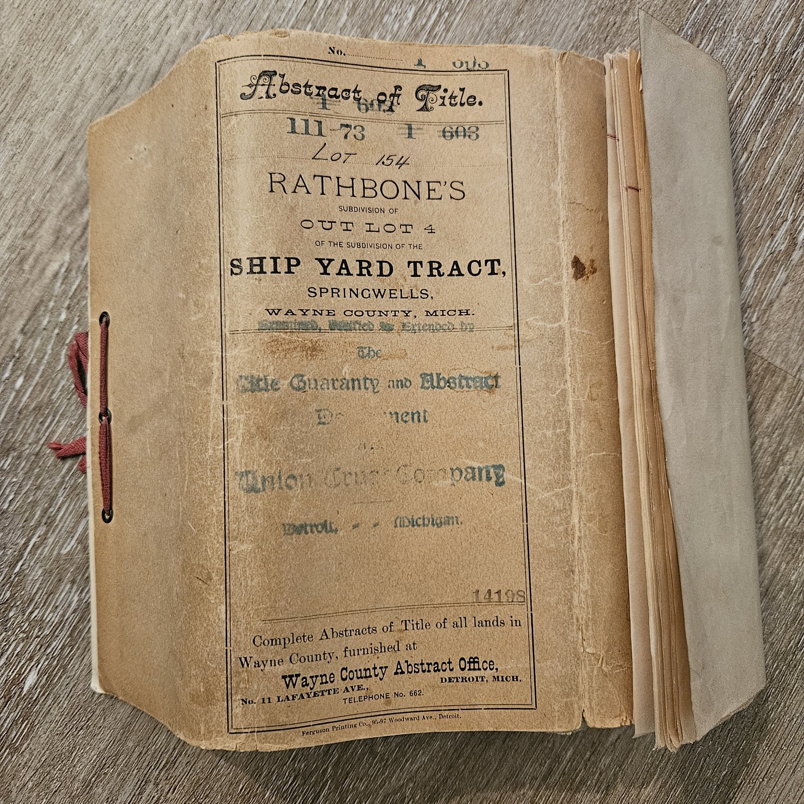 Antique 1888 Detroit MI Abstract Title William Rathbone Ship Yard Tract Railroad