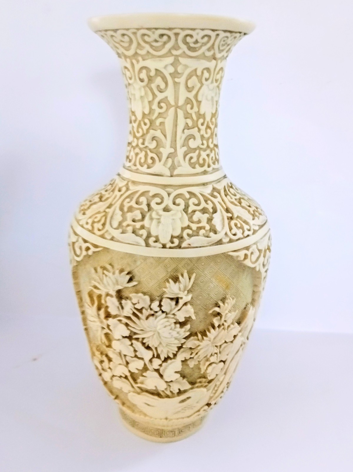 Chinese Carved Cinnabar Vase Vintage Off White