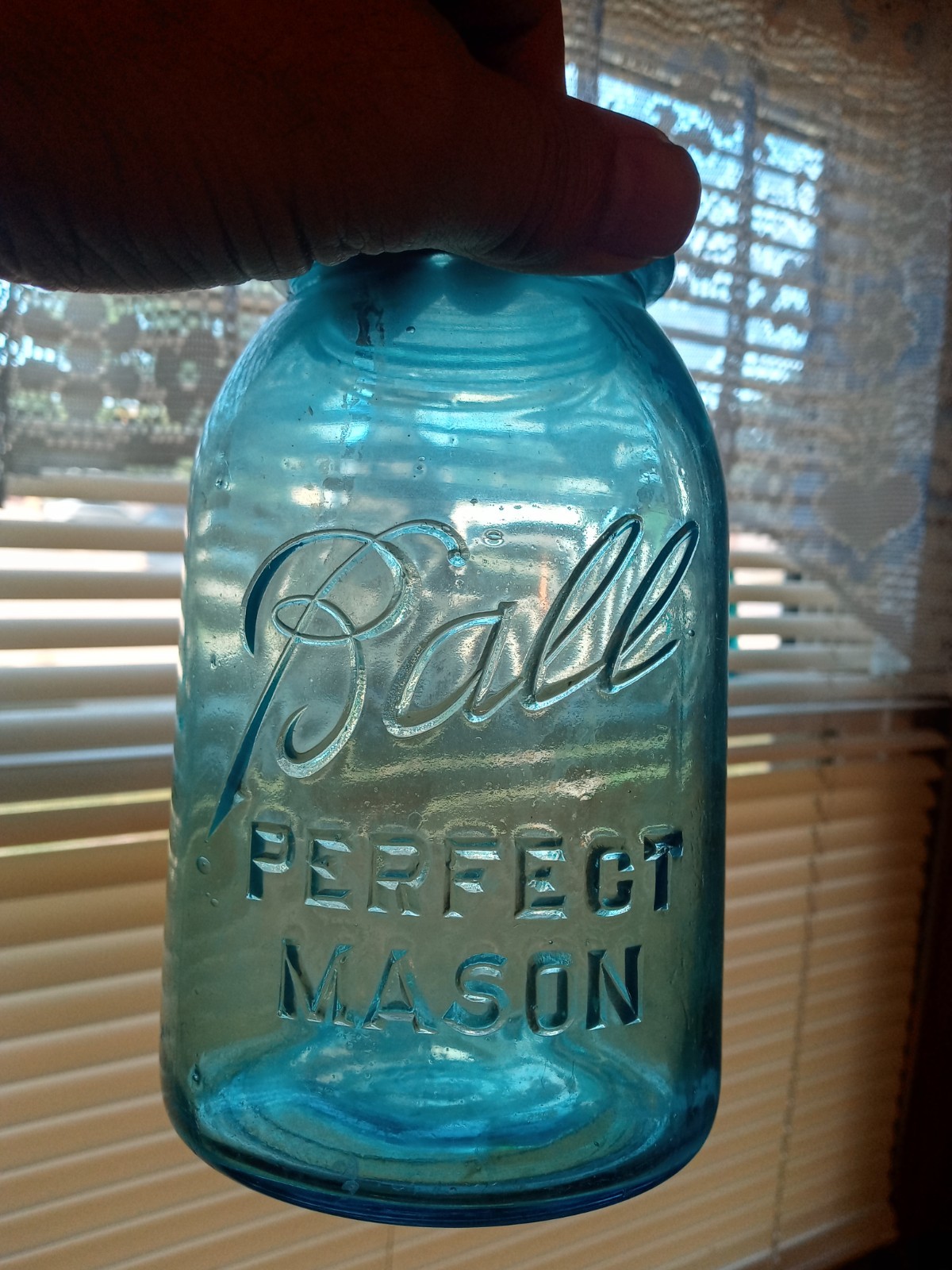 VTG Aqua Blue GLASS Mason Ball QUART CANNING JAR ~ zinc lid ~ Lucky 13