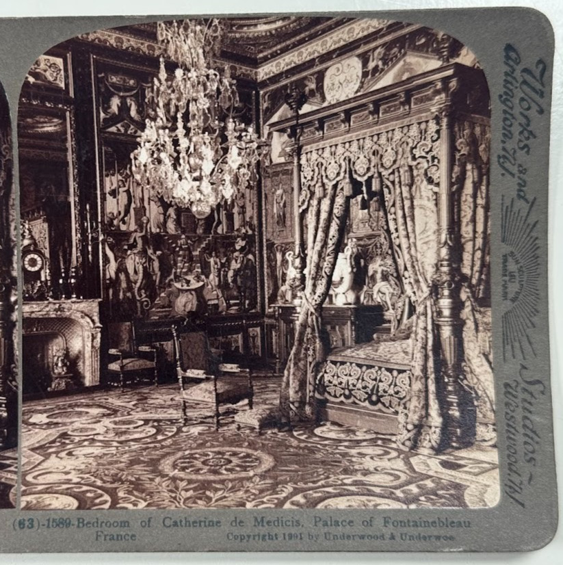Bedroom of Catherine De Medici, in the Palace of Fontainebleau France Stereoview