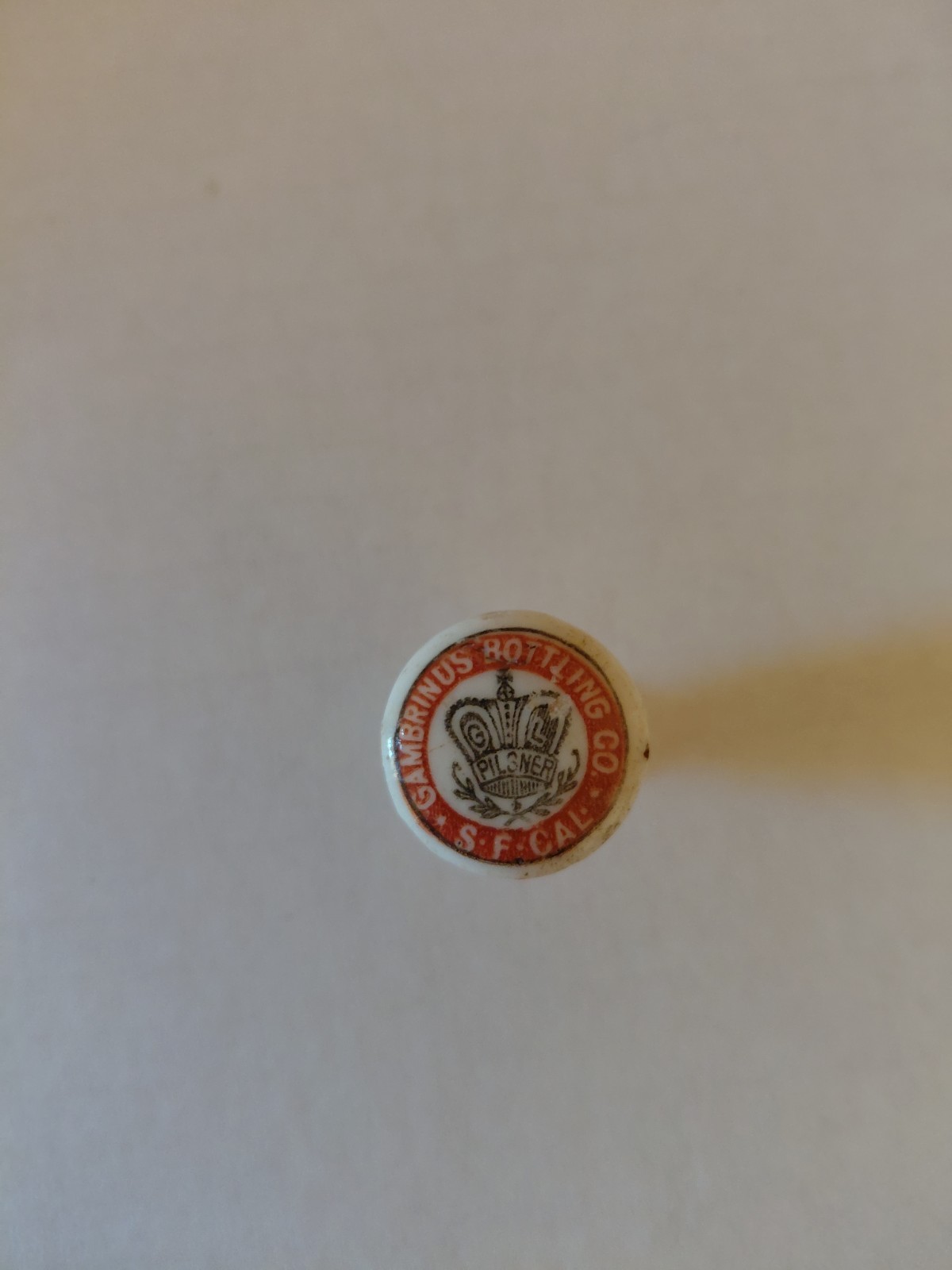 PRE-PROHIBITION PORCELAIN BOTTLE STOPPER GAMBRINUS BOTTLING CO.  S.F. CAL