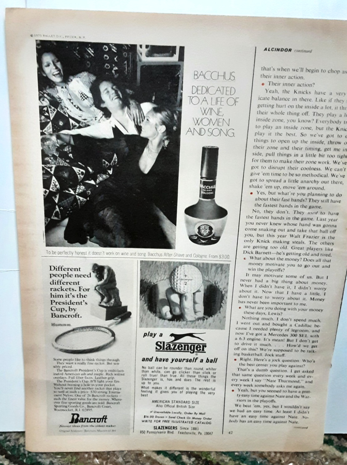 1971 Bacchus Cologne Bancroft Tennis Slazenger Original Print Ad Vintage 1970s
