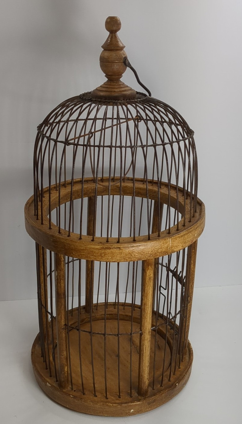 Vintage Dome Top Bamboo Bird Cage Wood Base Metal Wires Hanging