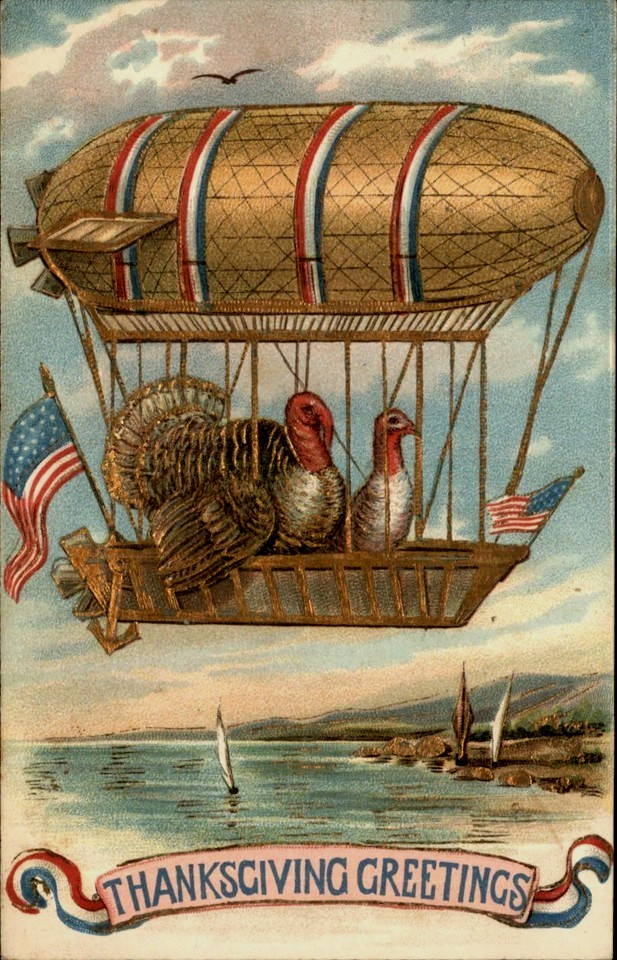 Turkeys in Airship~Balloon~Antique~ Thanksgiving Patriotic Fantasy Postcard~s552