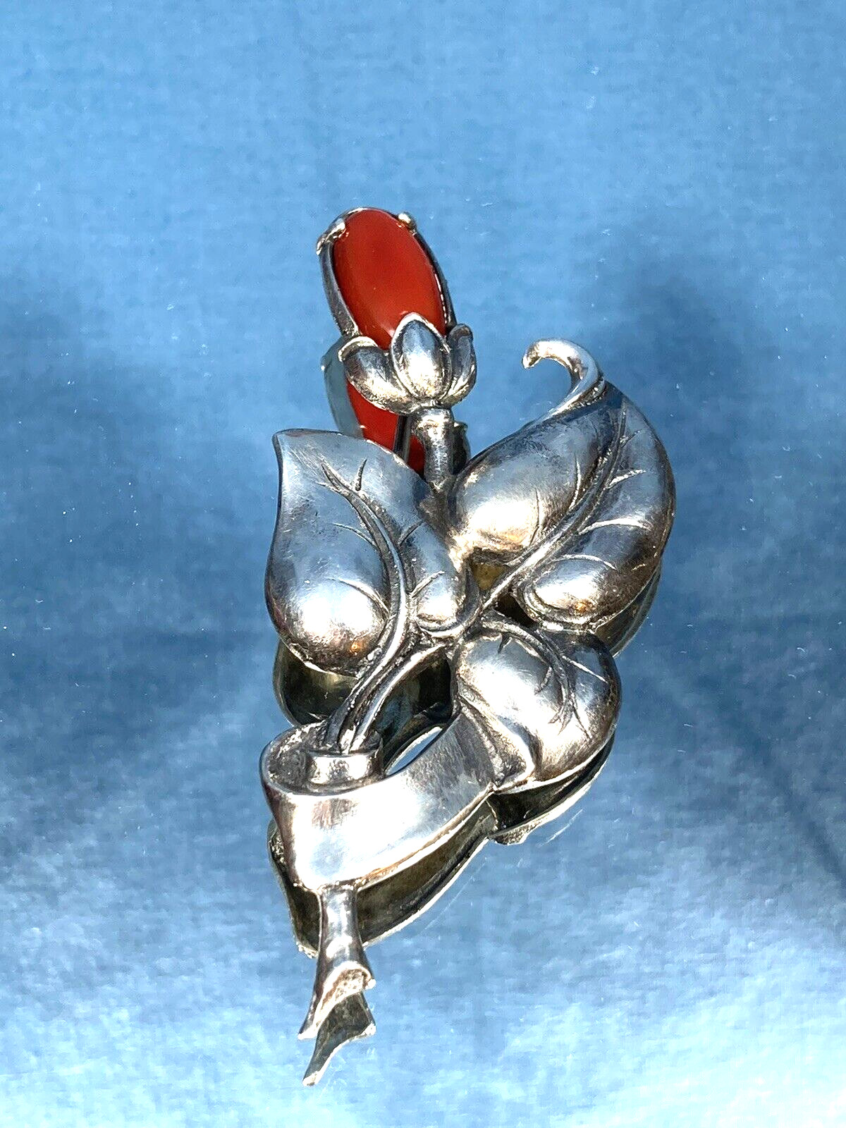 Large Vint Art Nouveau Sterling Silver & Carnelian Bud & Leaves Pin Brooch 14.4g
