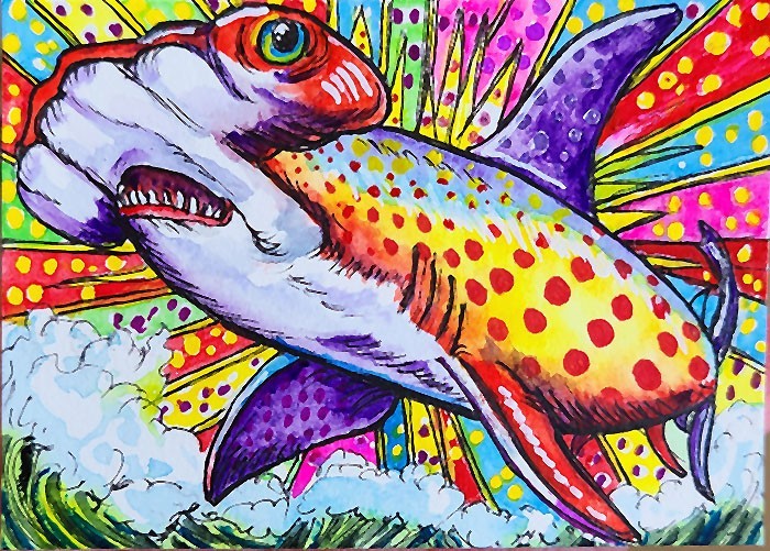 ACEO Original Painting OOAK Pop Art - Hammerhead Shark - Bartshe