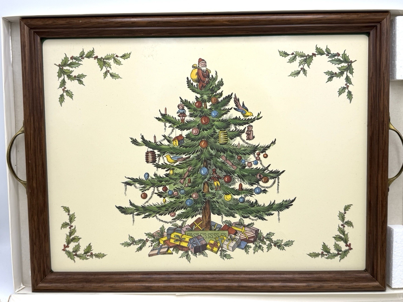 Vintage Pimpernel Spode Christmas Tree Serving Tray W/ Wood Trim & Brass Handles