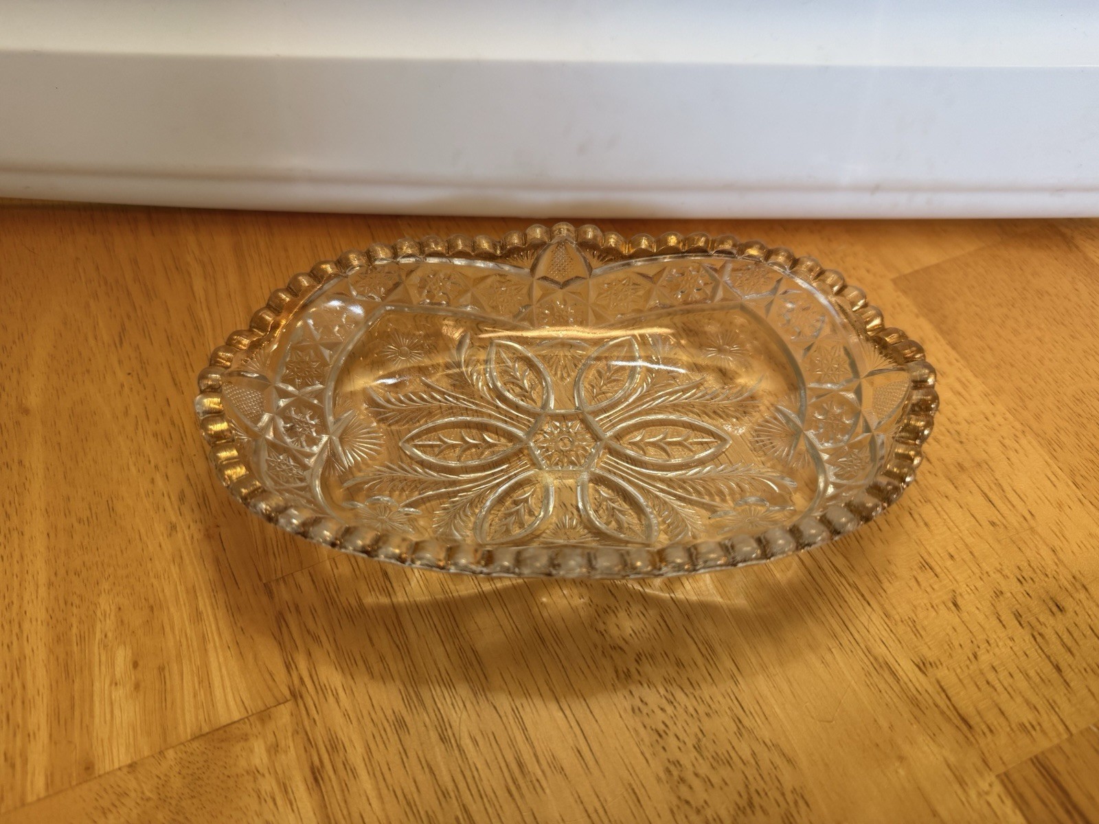 Vintage Pressed Glass Relish Dish Oval Sawtooth Edge Starburst Pattern Clear