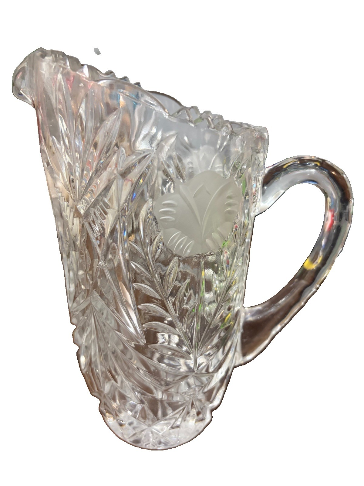 Vintage Clear Cut Glass Water Pitcher Frosted Floral Pinwheel Starburst 8.5”