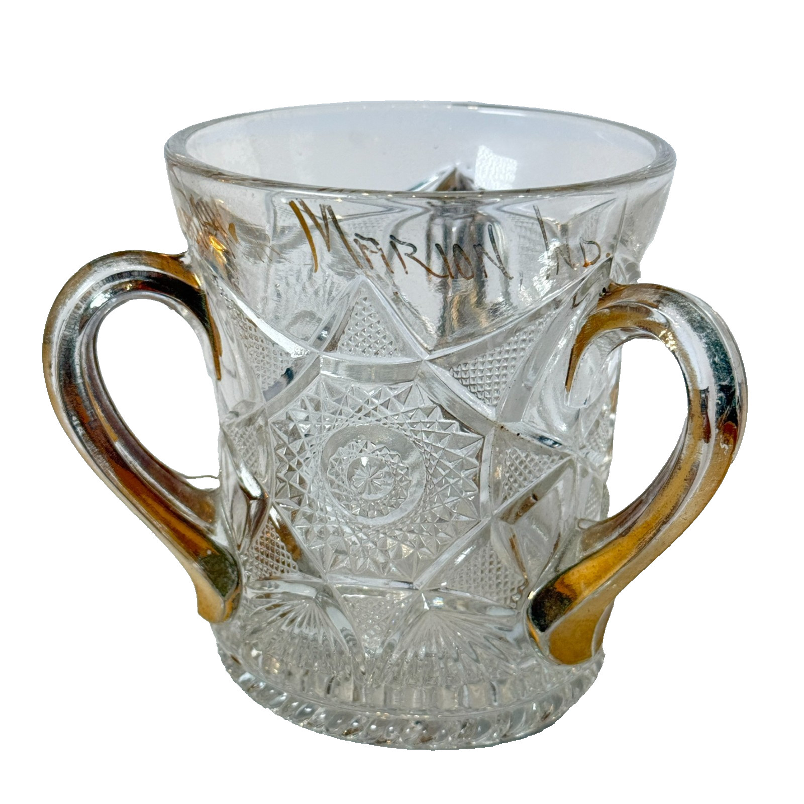 MARION INDIANA Antique Depression CLEAR Glass Souvenir GOLD Trinket TYG CUP MARION INDIANA Antique Depression CLEAR Glass Souvenir GOLD Trinket TYG CUP