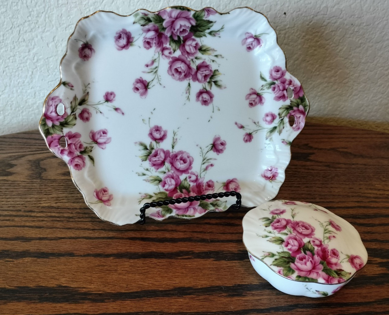 Vintage Lefton China GEO Z Pink Rose Porcelain Dresser Vanity Set