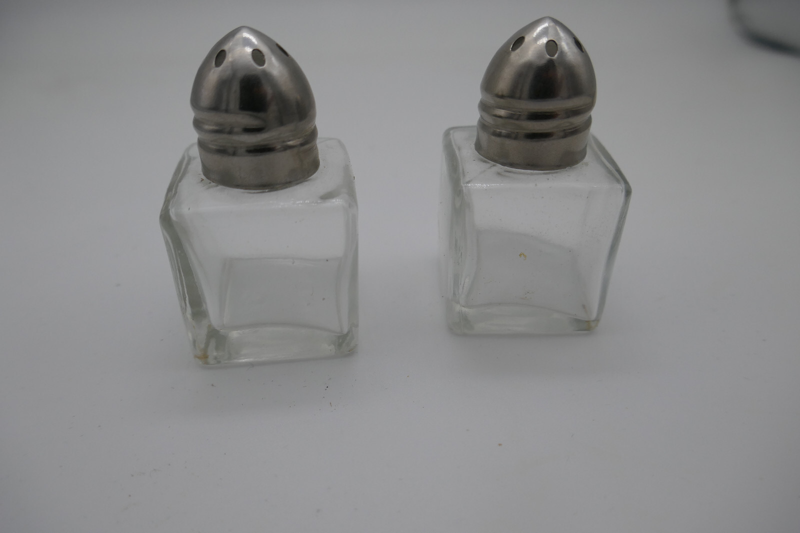 Vintage Small Square Glass  Salt & Pepper Shakers Silver Tone Tops