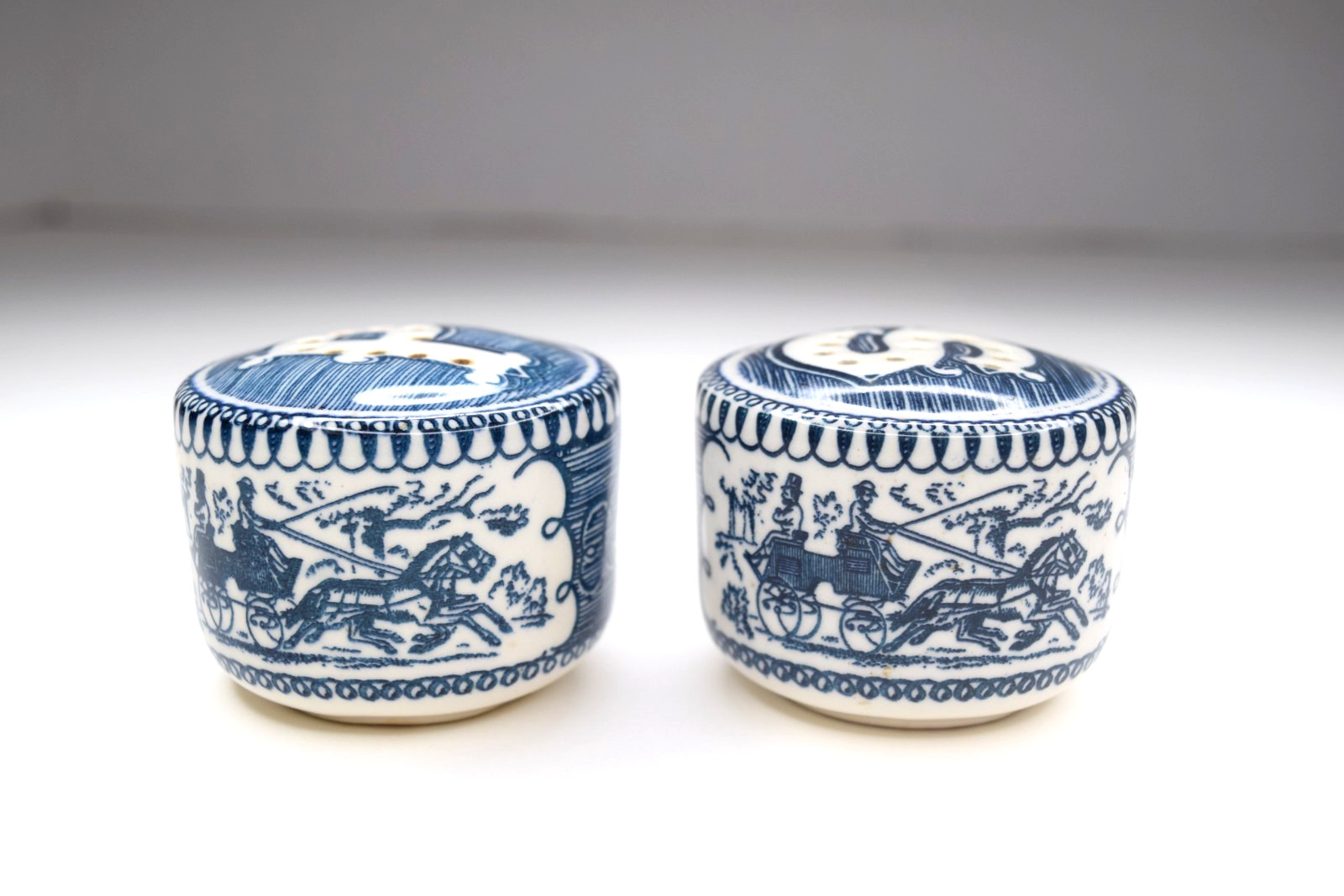 Royal China Currier Ives  Blue White Salt and Pepper Shakers