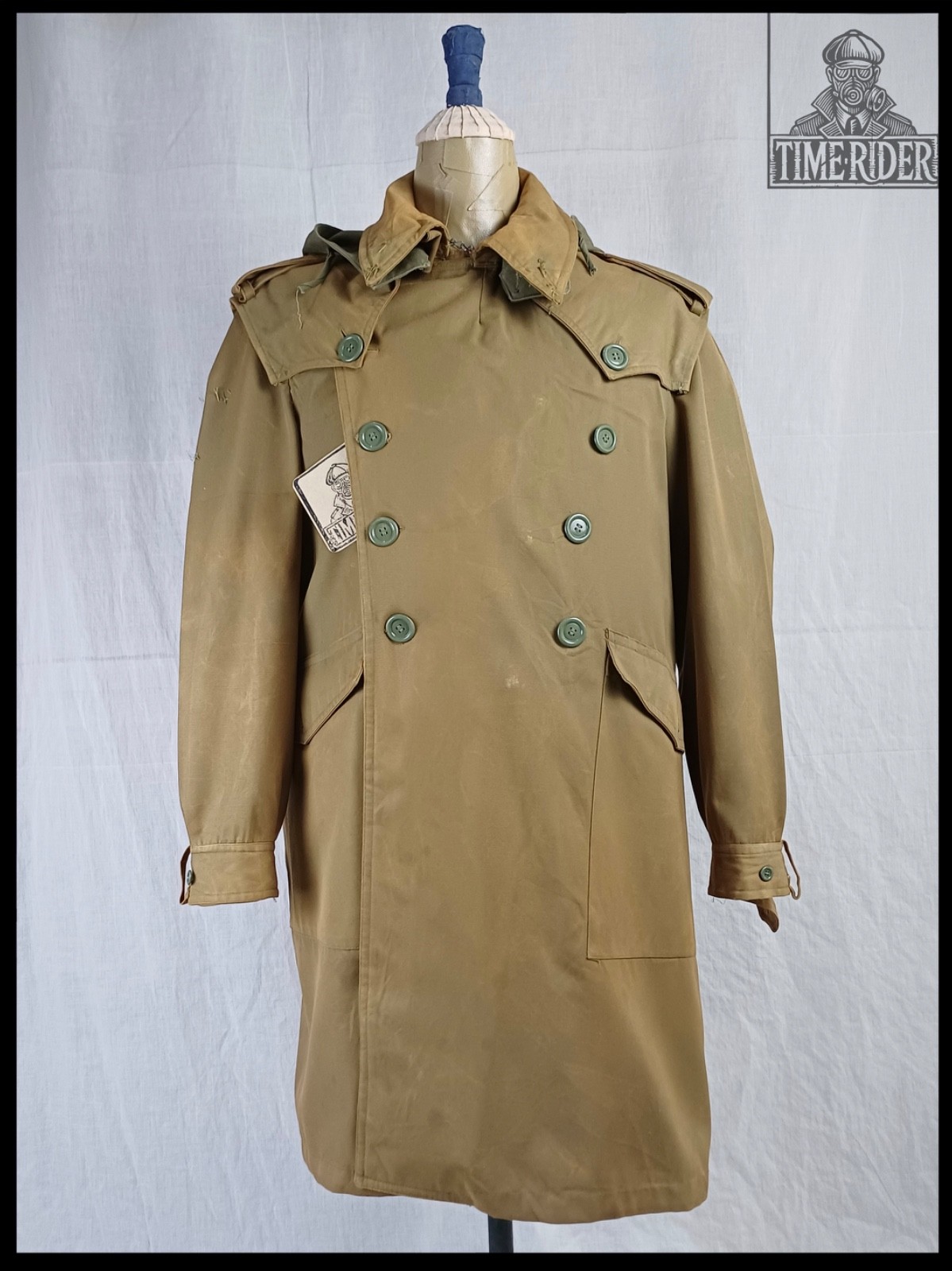 Vintage 1970s Spanish Army Double-Breasted Khaki Hood Trench Coat EB187
