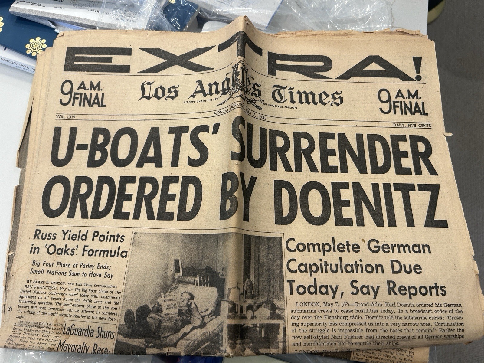 1945 Los Angeles Times WWII Newspaper U-Boats Surrender Ordered Germany V-E Day
