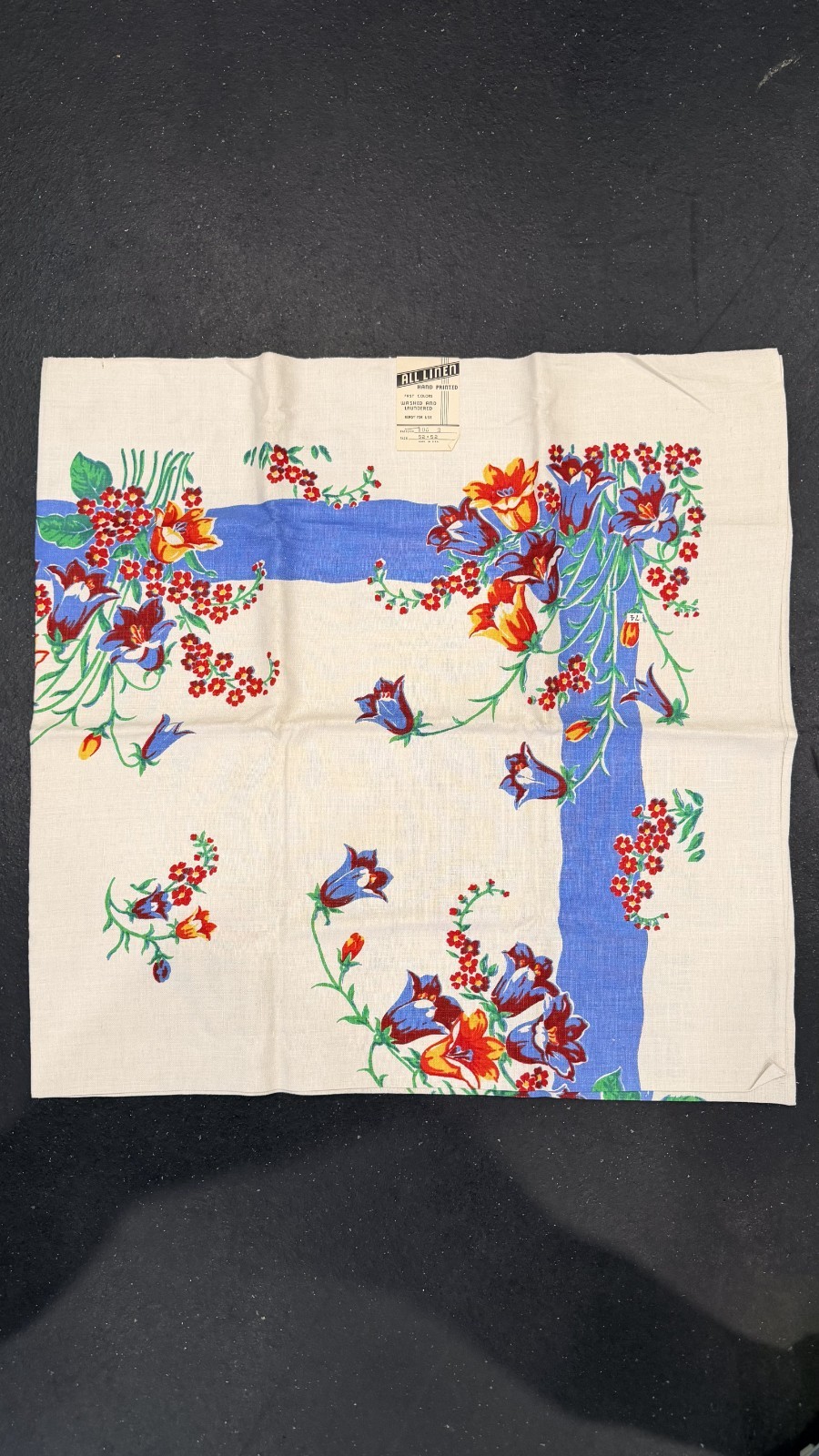 Vintage Printed Linen Tablecloth 52x52 Blue Border Floral Bellflowers NWT Unused Vintage Printed Linen Tablecloth 52x52 Blue Border Floral Bellflowers NWT Unused