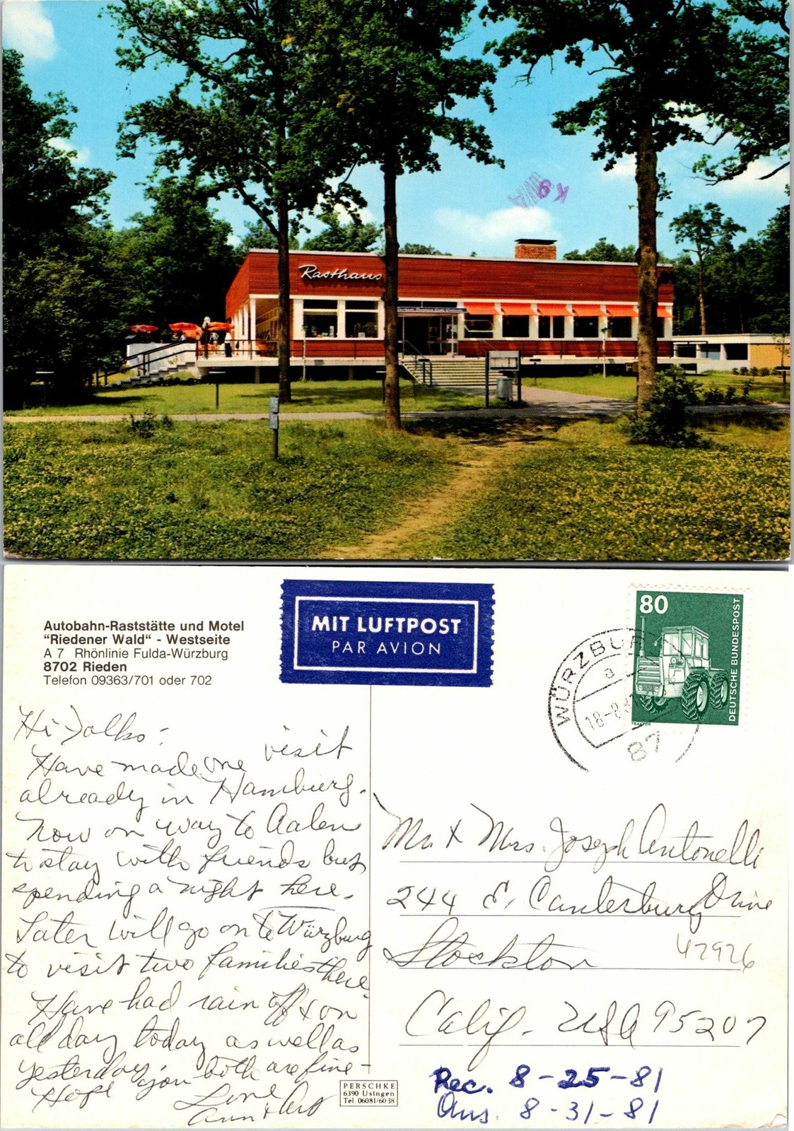 Rieden Germany Autobahn Rest Place Postcard Used (42926)