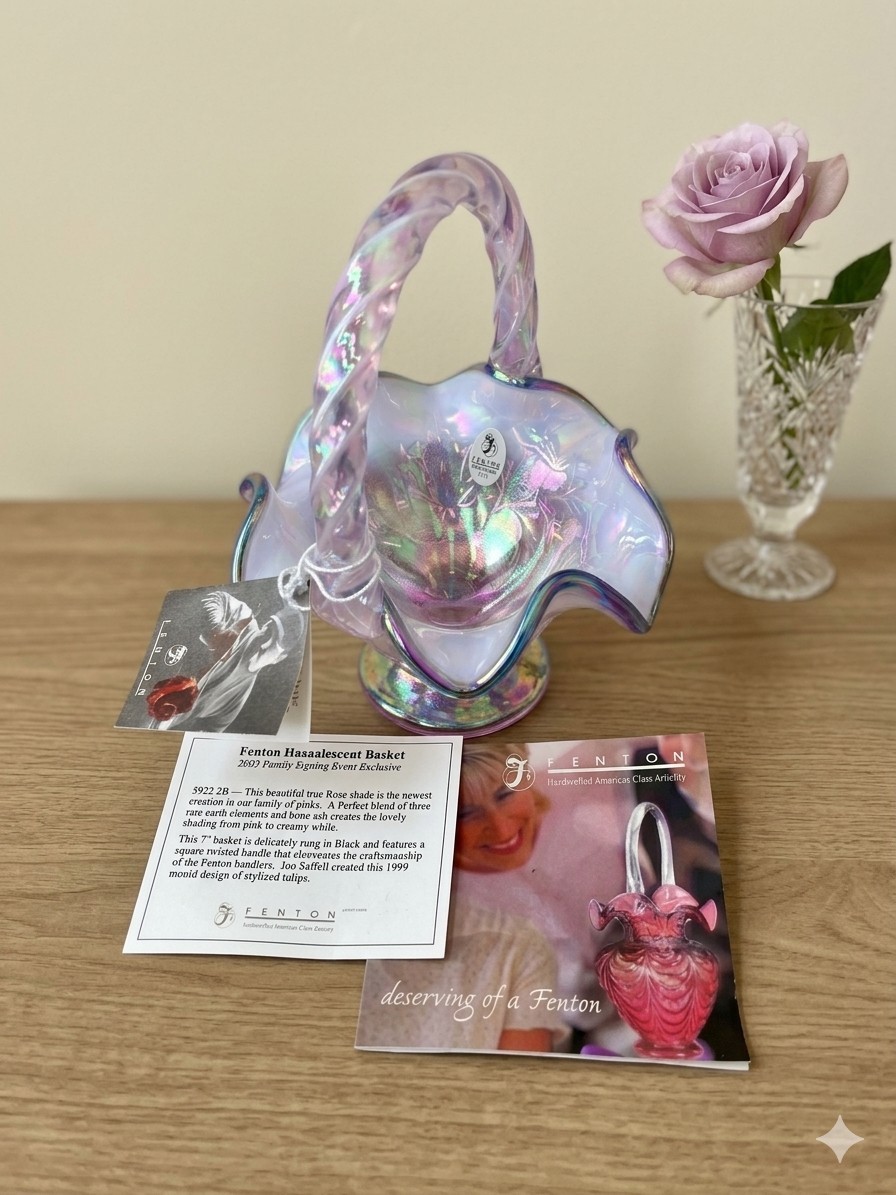 Fenton Limited Edition Iridescent Purple Floral Art Glass Basket