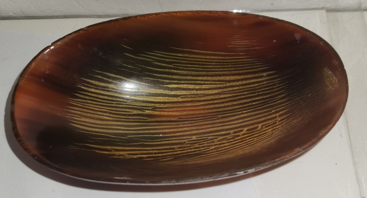 Vintage Hand Carved Buffalo Horn Decorative Bowl  Oblong 6-1/2\