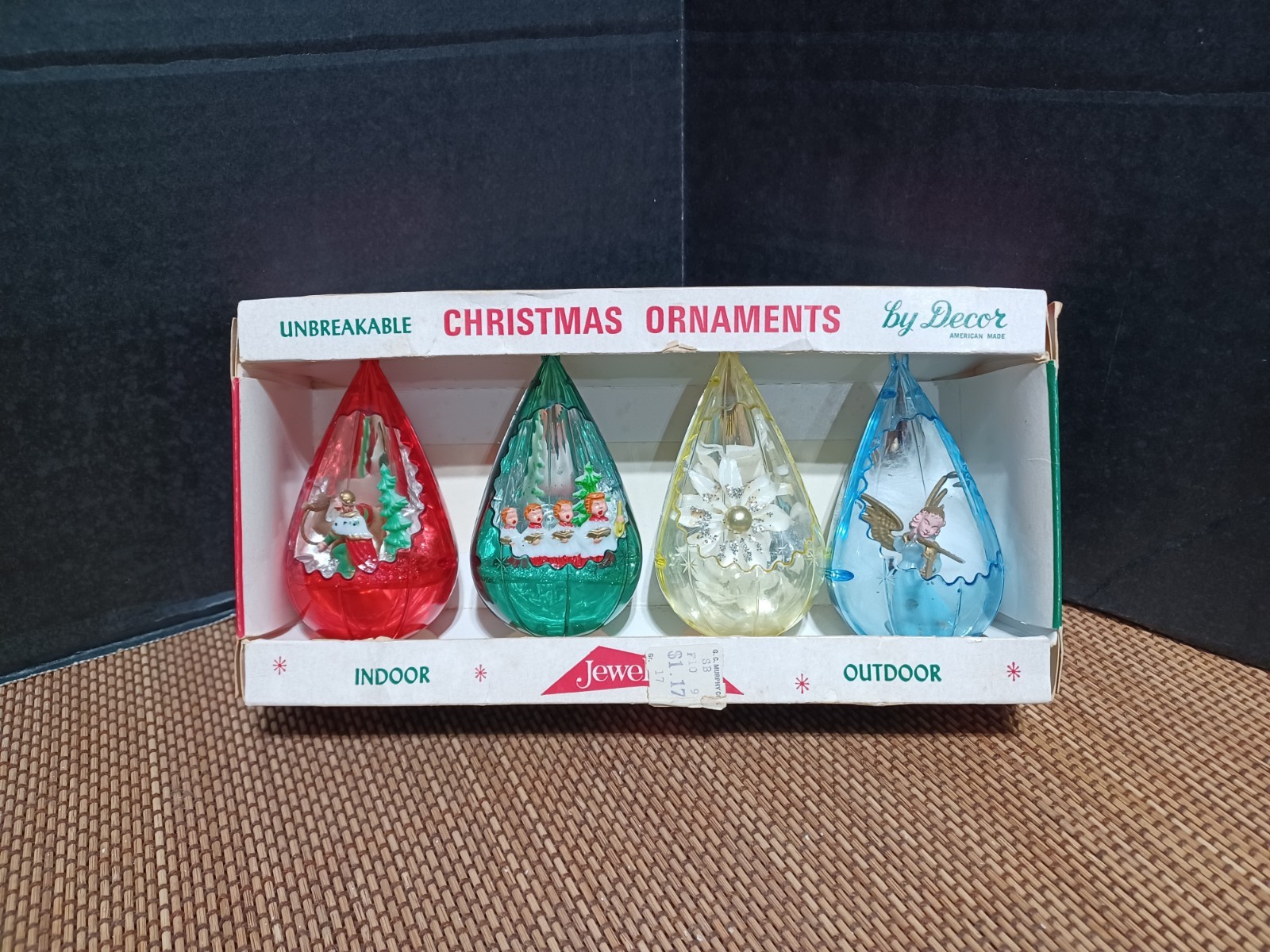 Vintage 4 Teardrop Diorama Christmas Ornaments Jewelbrite By Decor In Box
