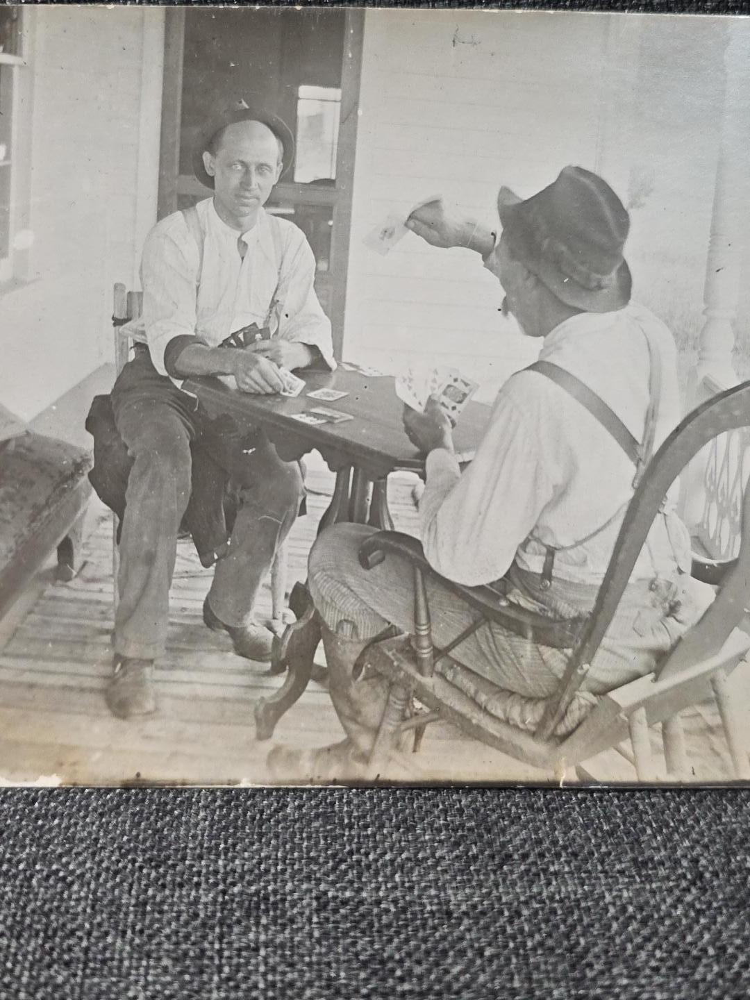 c1909 RPPC Two Men Playing Cards Porch Gambling Working Men Cherry Creek NY