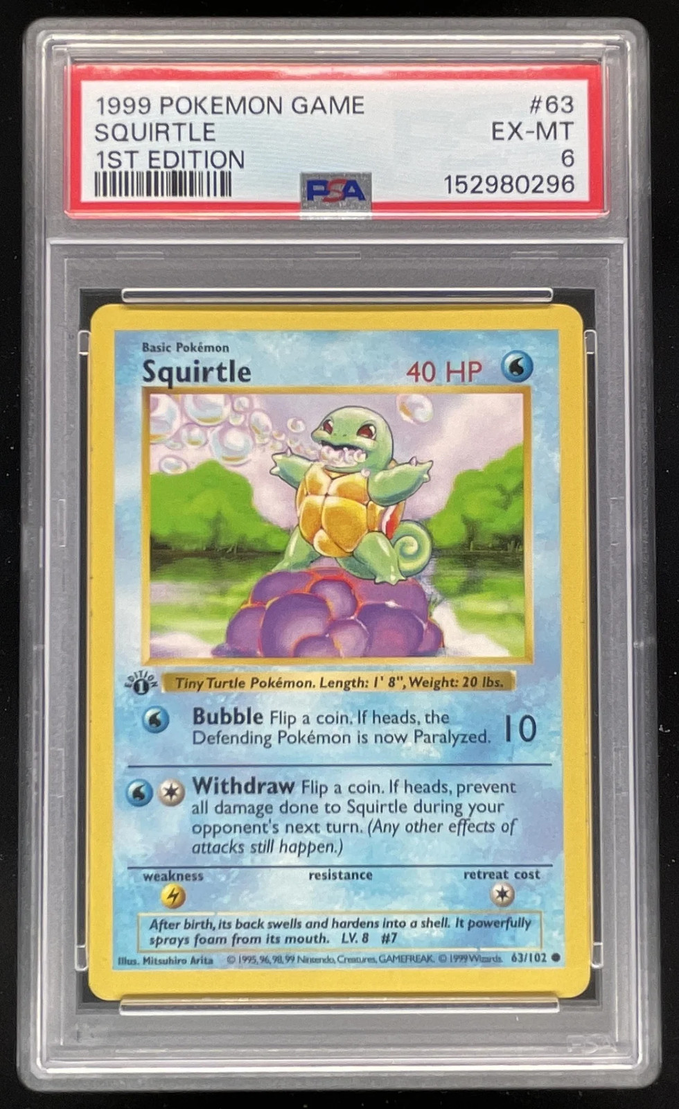 1999 Pokemon 1st Edition Set #63/102 Squirtle PSA 6