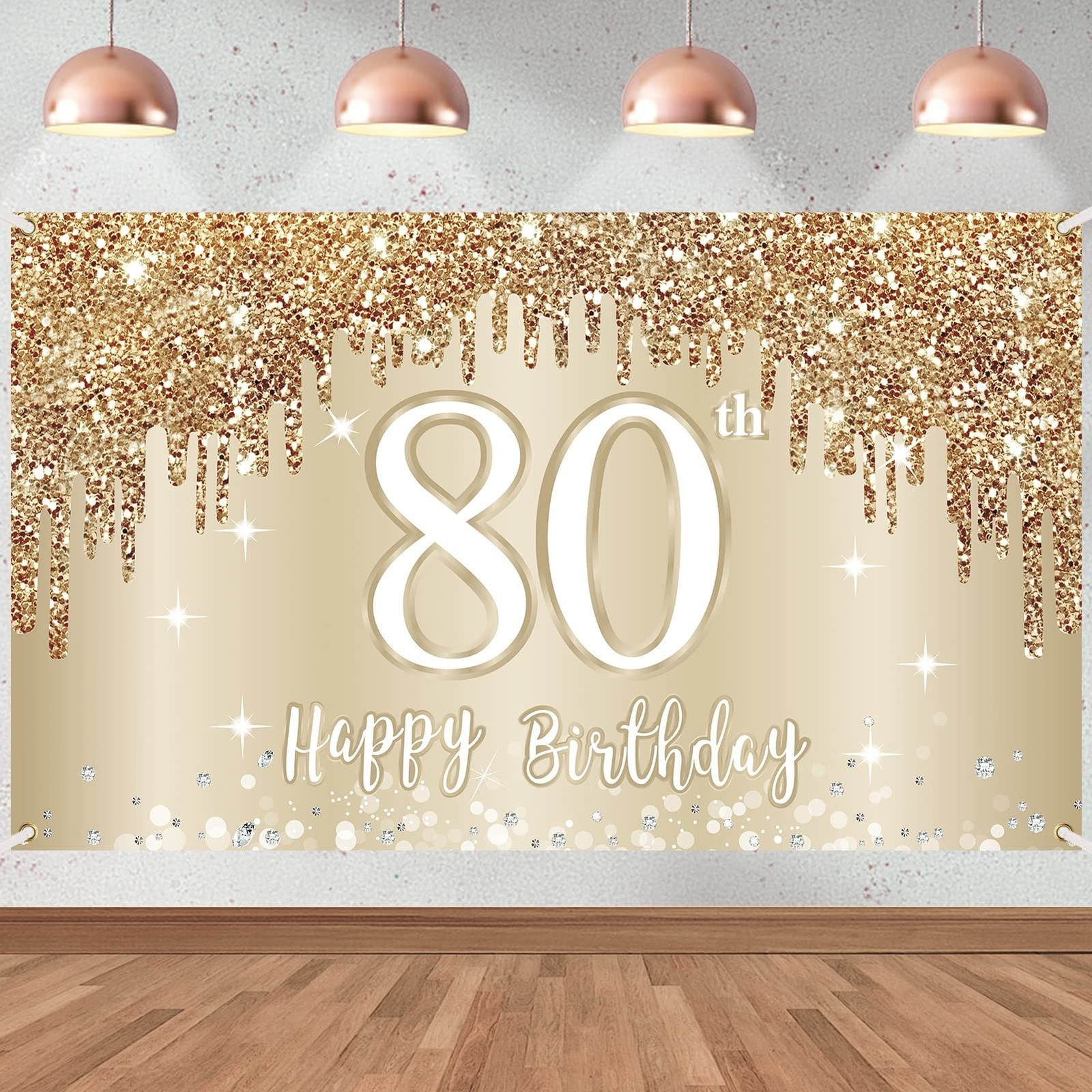 Happy 80th Birthday Banner & Decorations - Gold White 80 Birthday Sign, Party... Happy 80th Birthday Banner & Decorations - Gold White 80 Birthday Sign, Party...