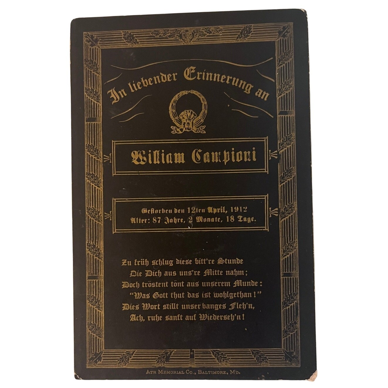 Antique German 1912 Funeral Memorial Card Gold On Black - Collectible