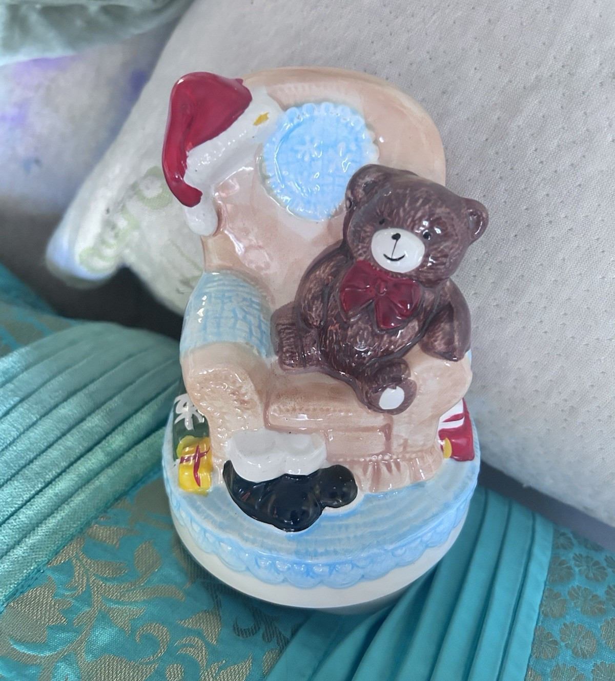 Ceramic Christmas Teddy Bear Music Box Canister Jar With Lid, 6x5x6 in, Used