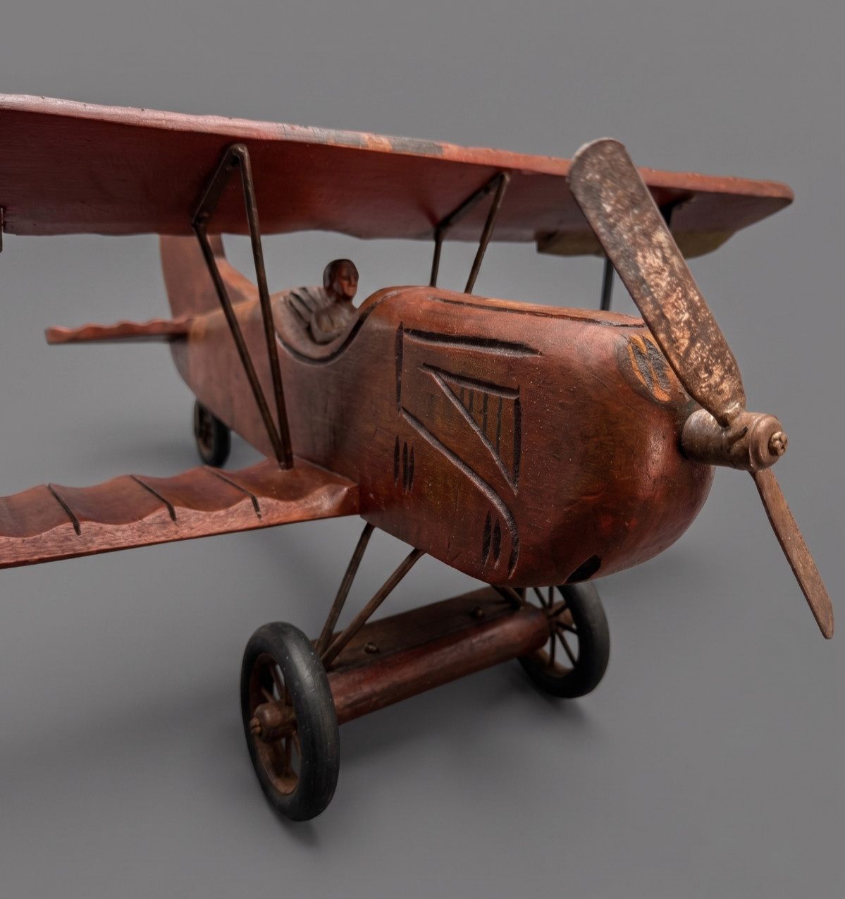 HUGE Antique Primitive Folk Art Wood Biplane Model Hand Carved Pilot Propeller