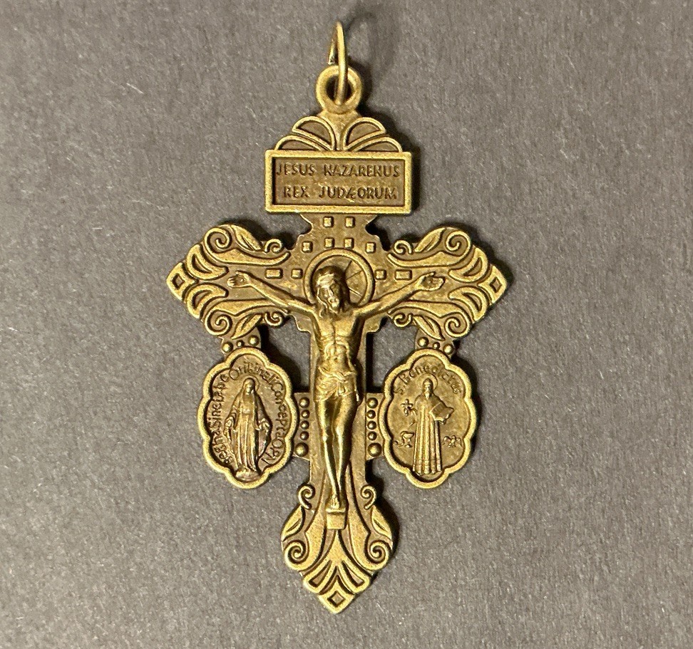 3-Way Bronze Pardon Crucifix w/ Attached St Benedict & Miraculous Medals 2 1/4
