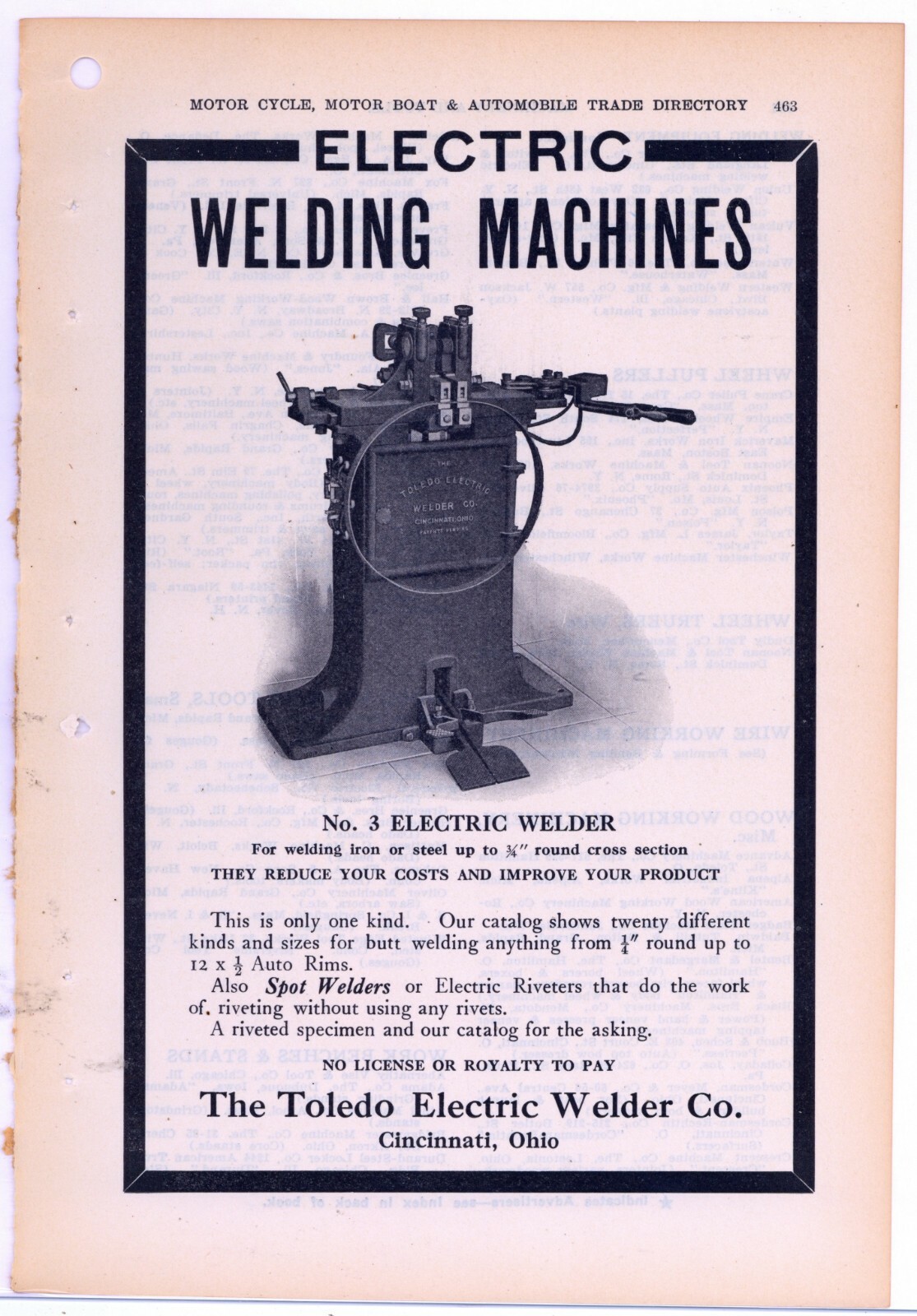 1911 Toledo Electric Welder Company Ad: No. 3 Electric Welder - Cincinnati, Ohio