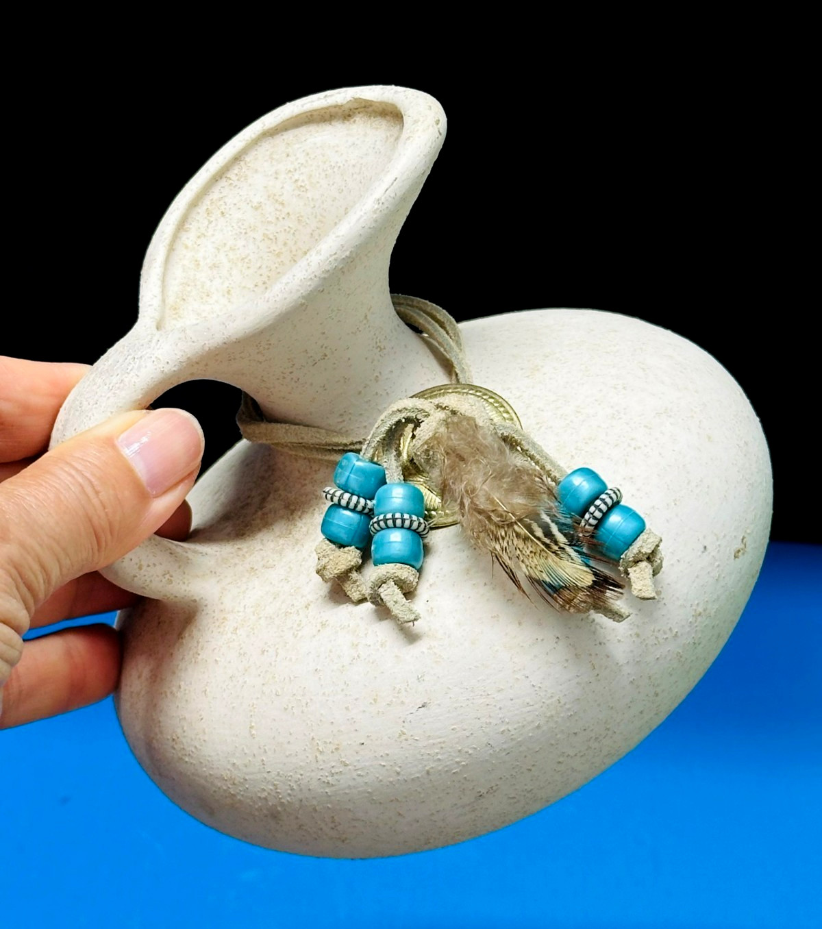 Vtg Native American Southwestern Boho Pottery Decor Vase Pitcher Beads Feather 5