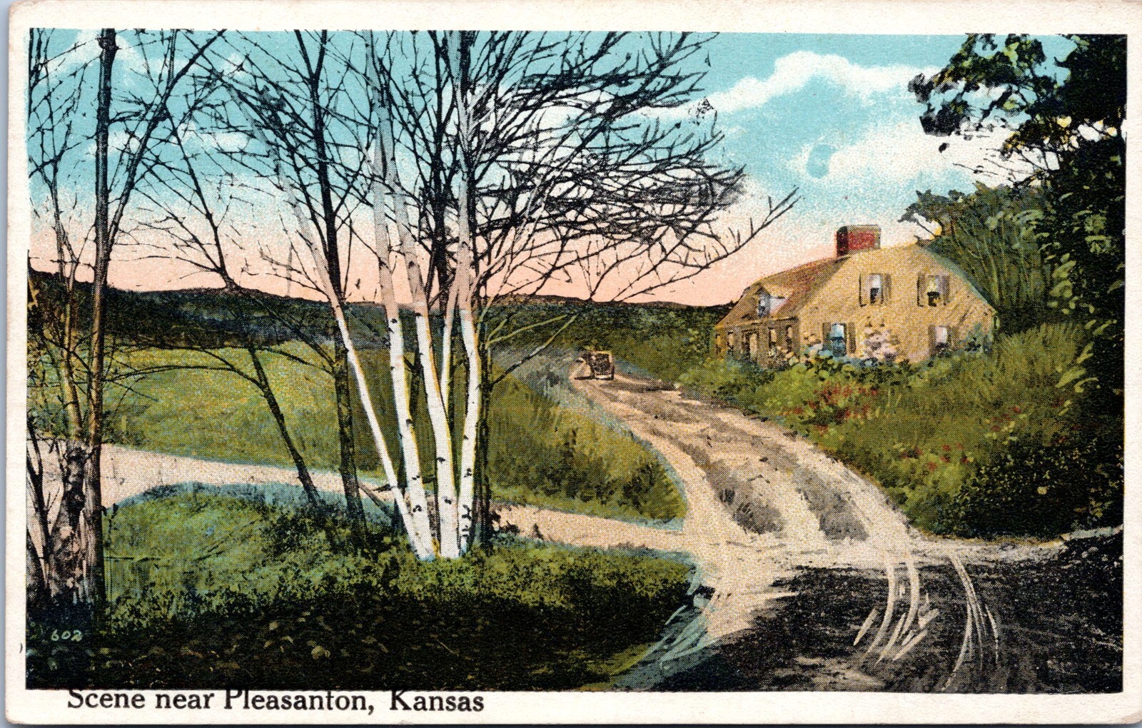 Rural Road, Scene Near Pleasanton, Kansas - c1920s White Border Postcard