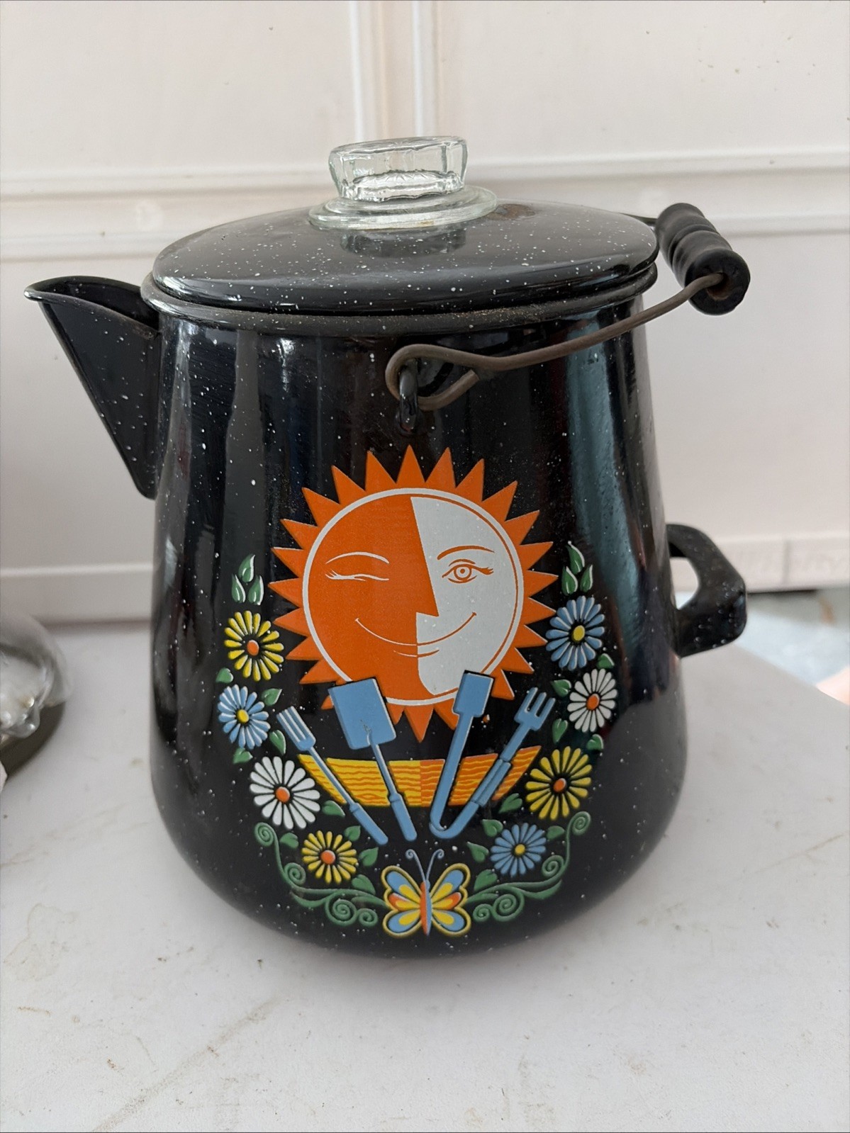 Rare Vintage Sun & Moon Speckled Enamel Stovetop Coffee percolator Folk Rare Vintage Sun & Moon Speckled Enamel Stovetop Coffee percolator Folk