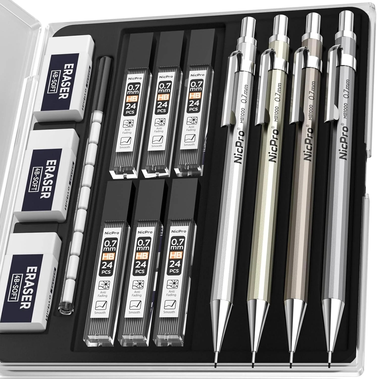 MB1000 Metal Mechanical Pencil Set, 4 Pack Mechanical Pencil 0.7mm