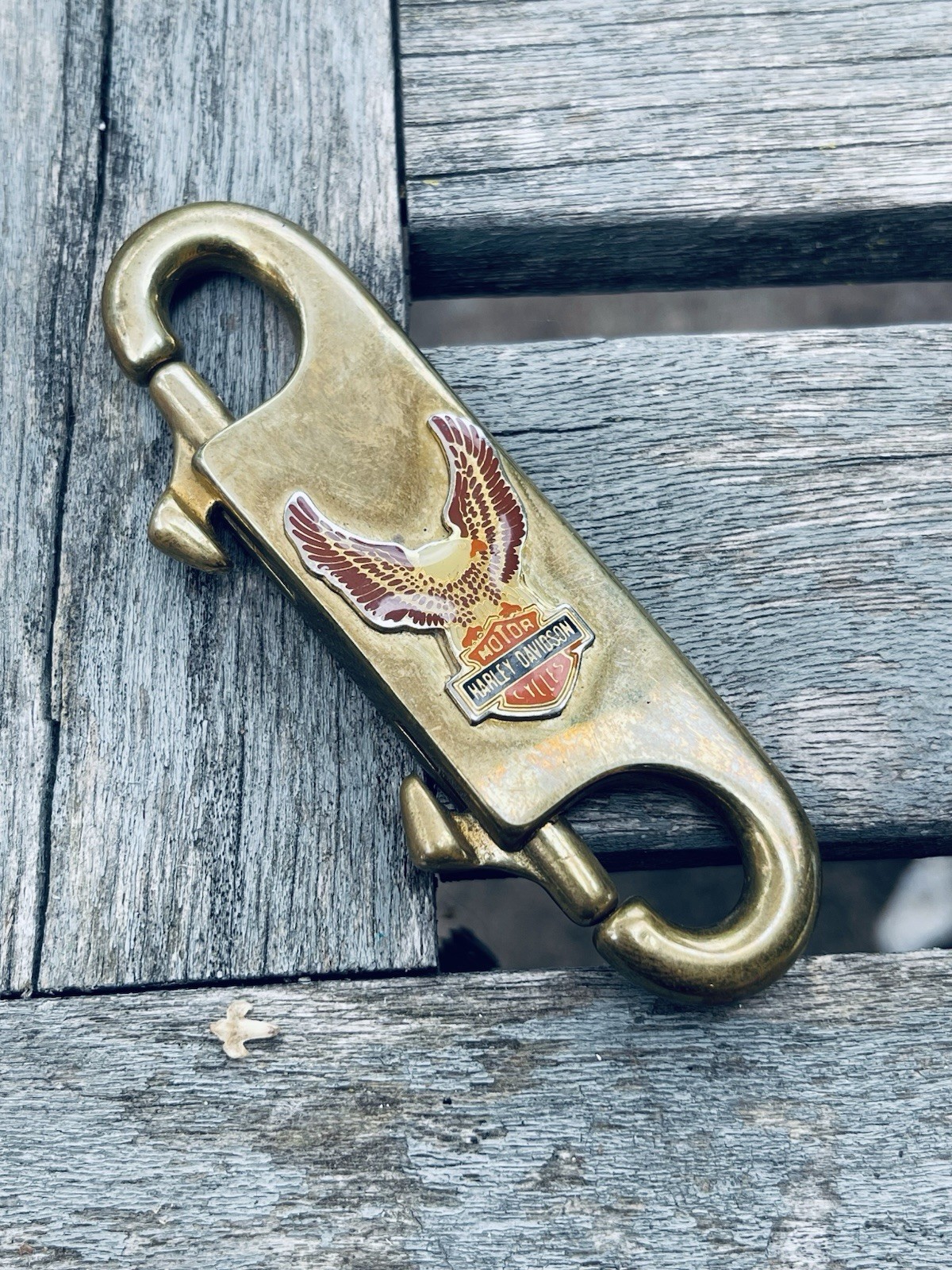 Vintage Brass Harley Davidson Eagle Double Spring Clip Keychain Chain Biker
