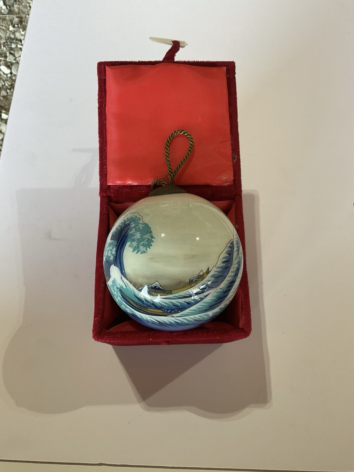 Hand Painted Glass Christmas Ornament Japanese Great Wave Scene W/Velvet Box