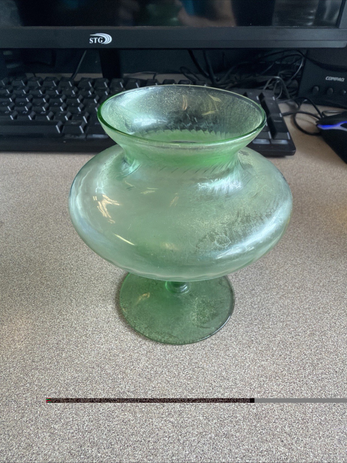 Vintage Empoli Style Green Footed Compote Vase Mid Century Glass Rare