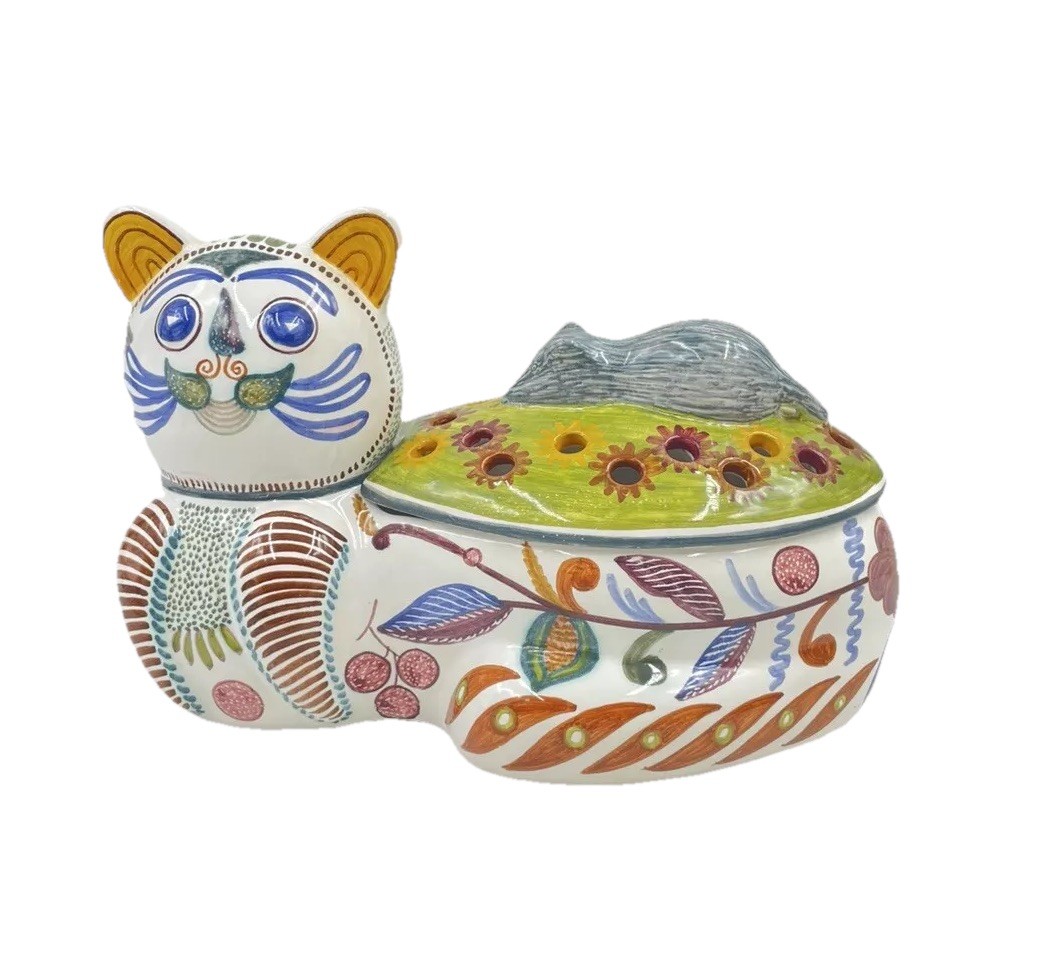 Portugal Cat Planter Mouse Lid Handpainted Signed ‘Filler’ #’d - Vintage