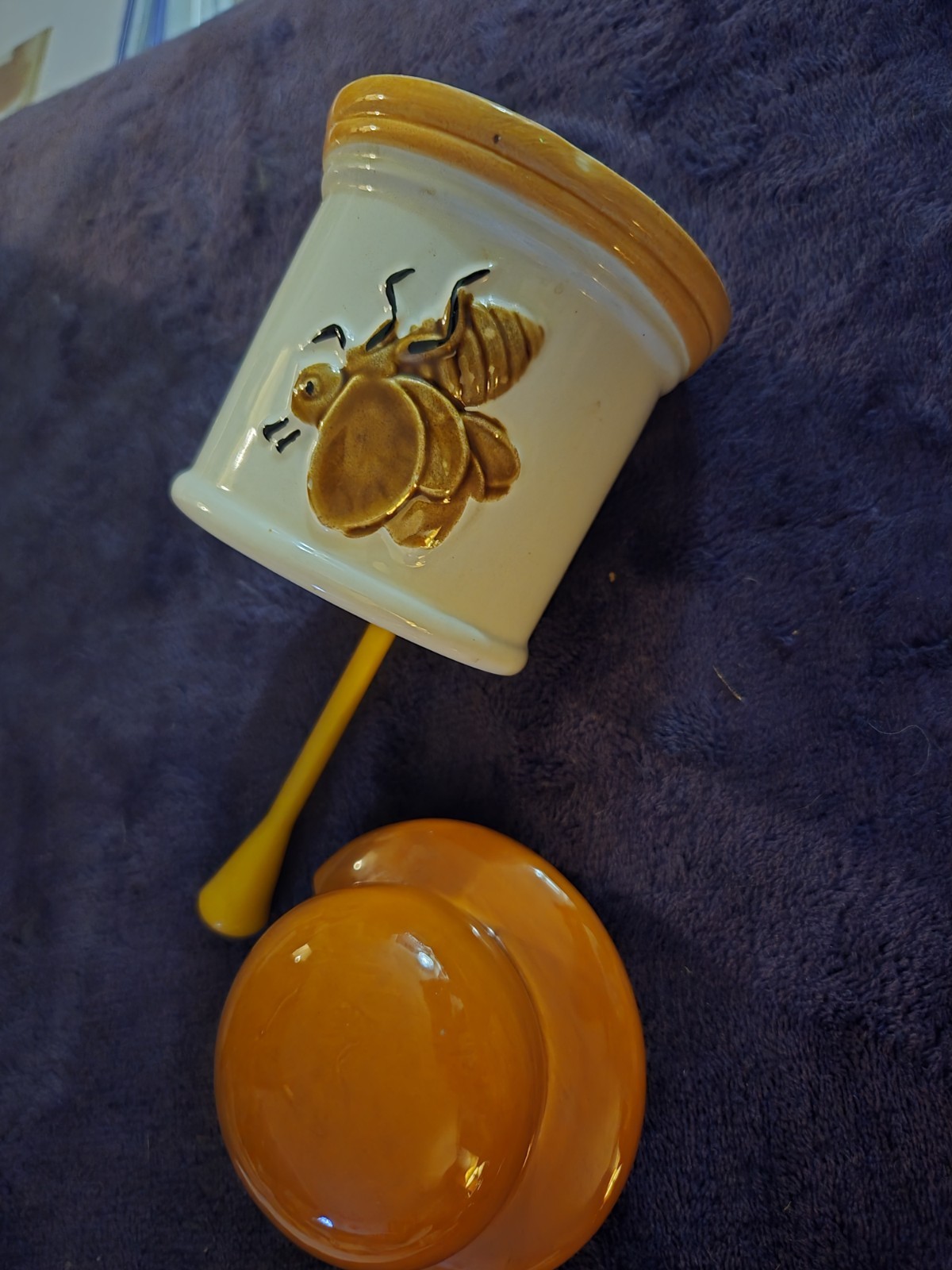 Bee Honey Pot Ceramic Jar brown/orange lid Vintage Japan 5\