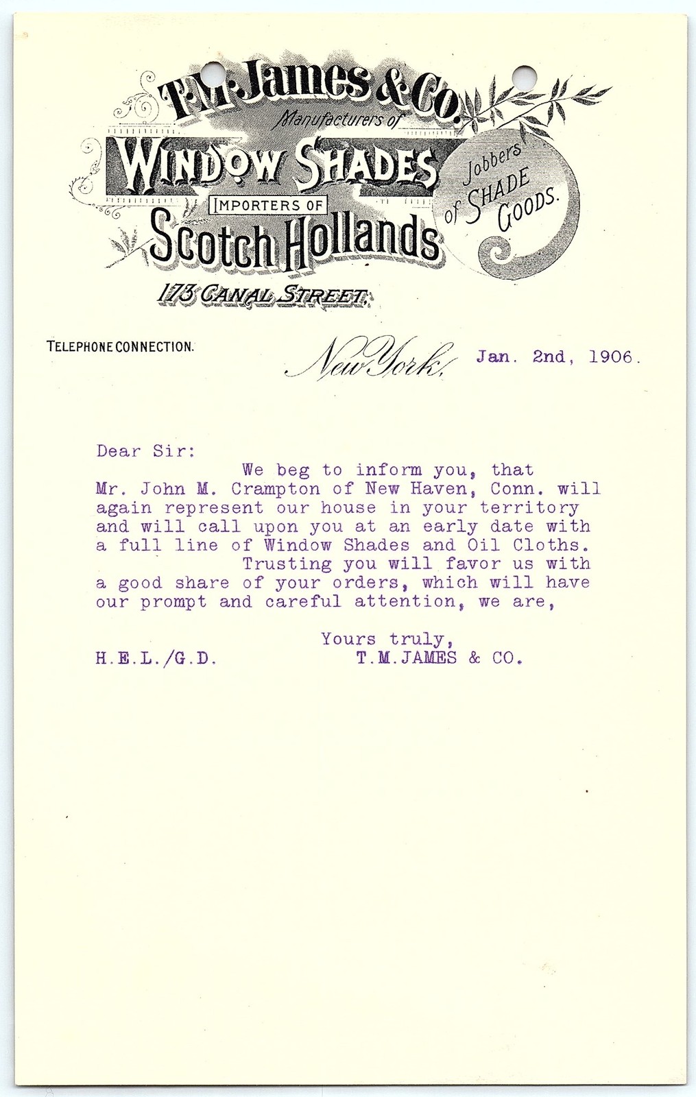 1906 T.M. James & Co. NYC Window Shades & Hollands Letter